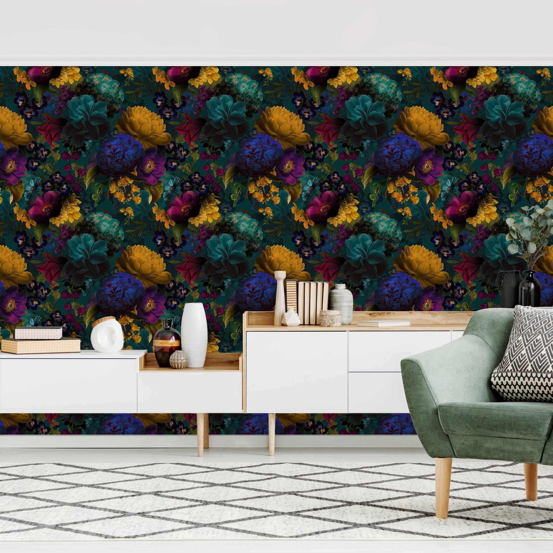 Mustertapete Gelbe Blüten mit Blauen Blumen vor Türkis