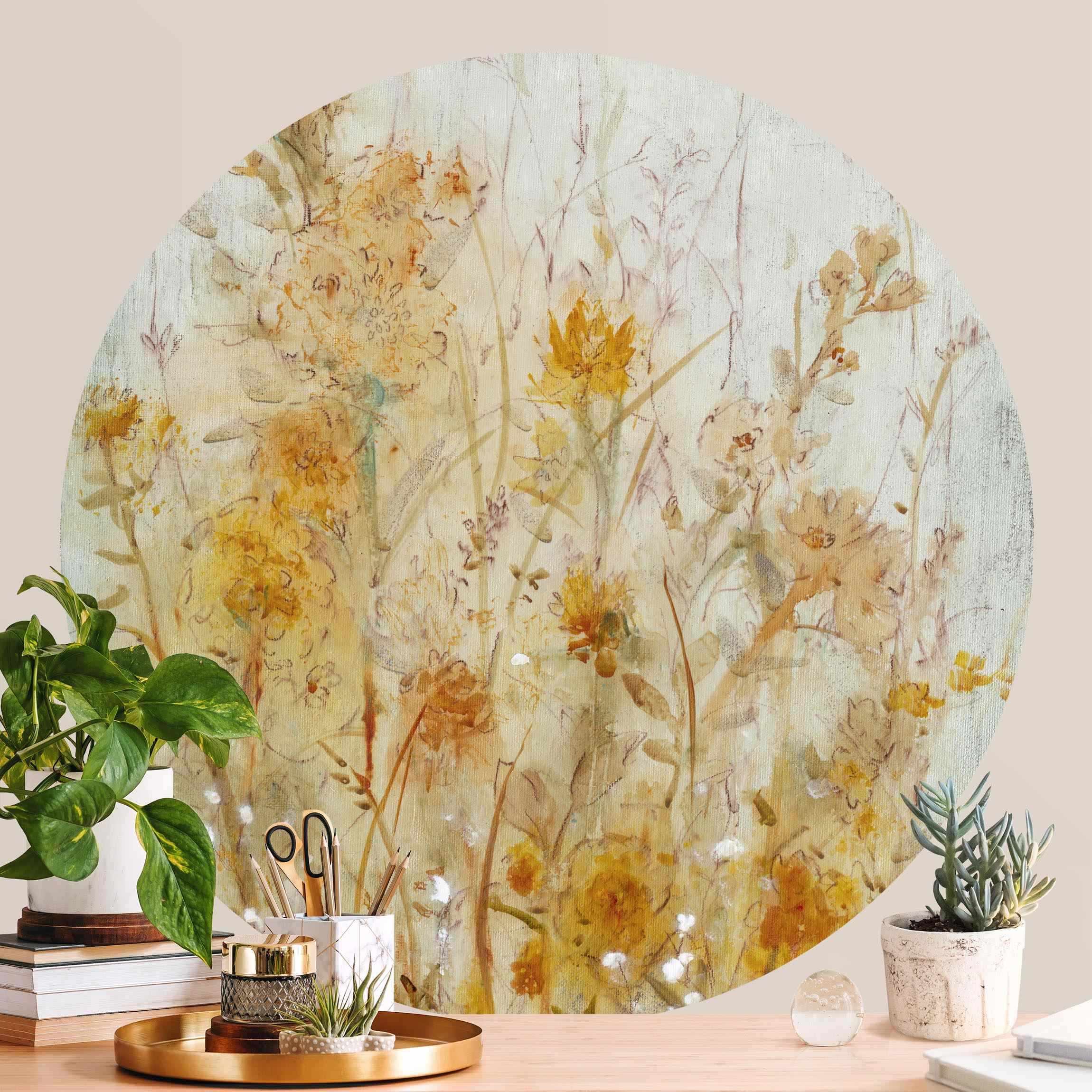 Runde Tapete selbstklebend Gelbe Wilde Blumenwiese