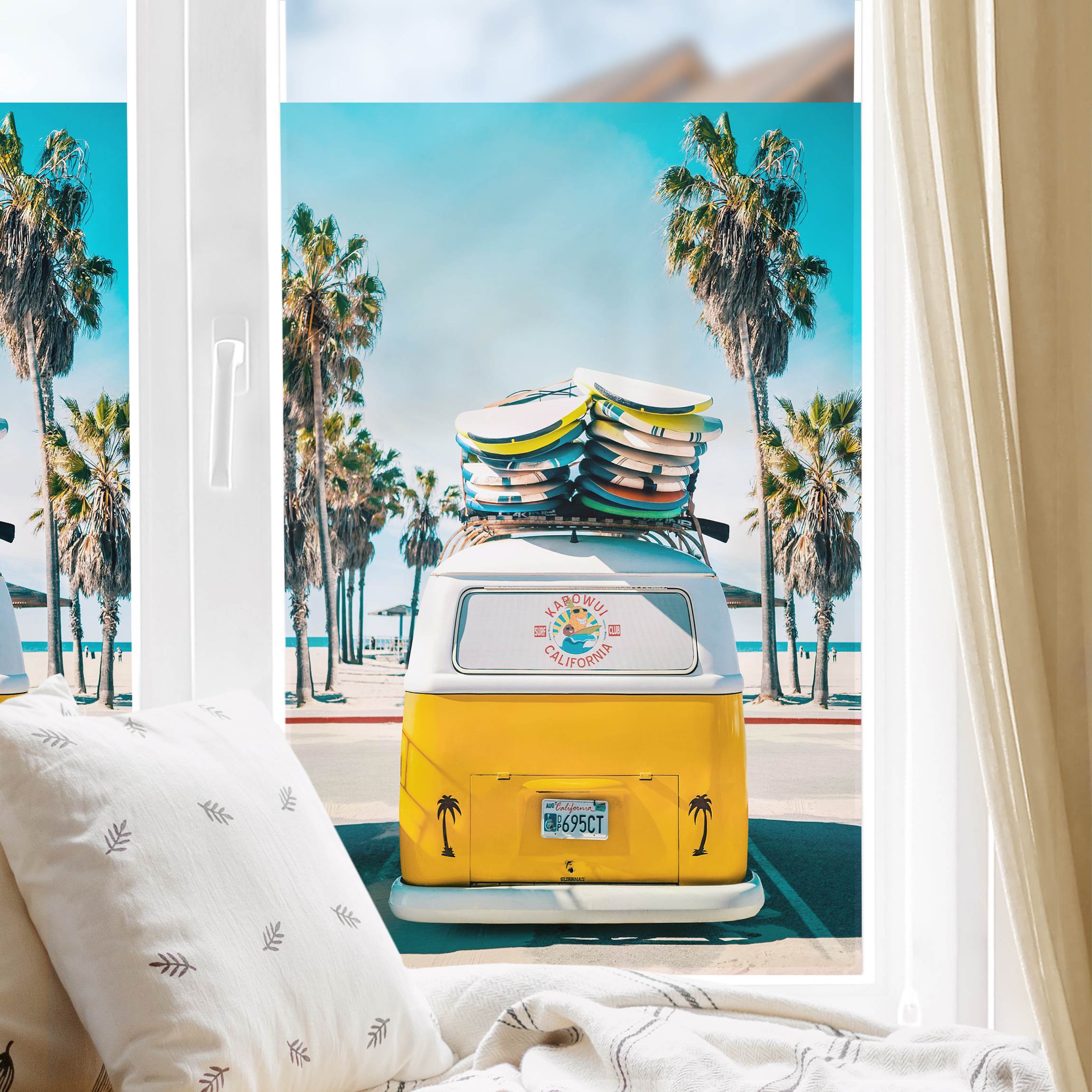 Fensterfolie Gelber Bulli mit Surfboards