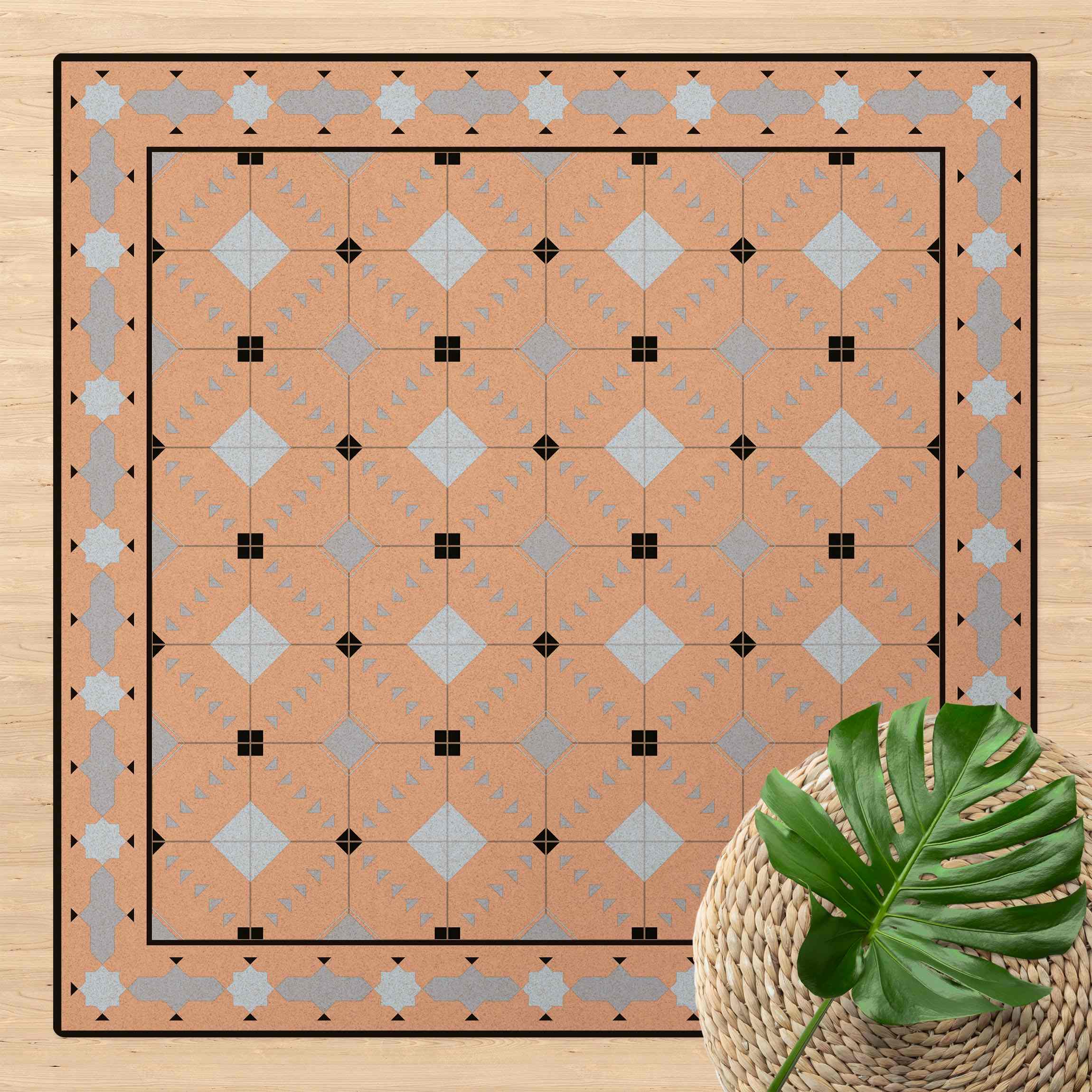 Kork-Teppich Geometrische Fliesen Ikat Blau mit Bordüre