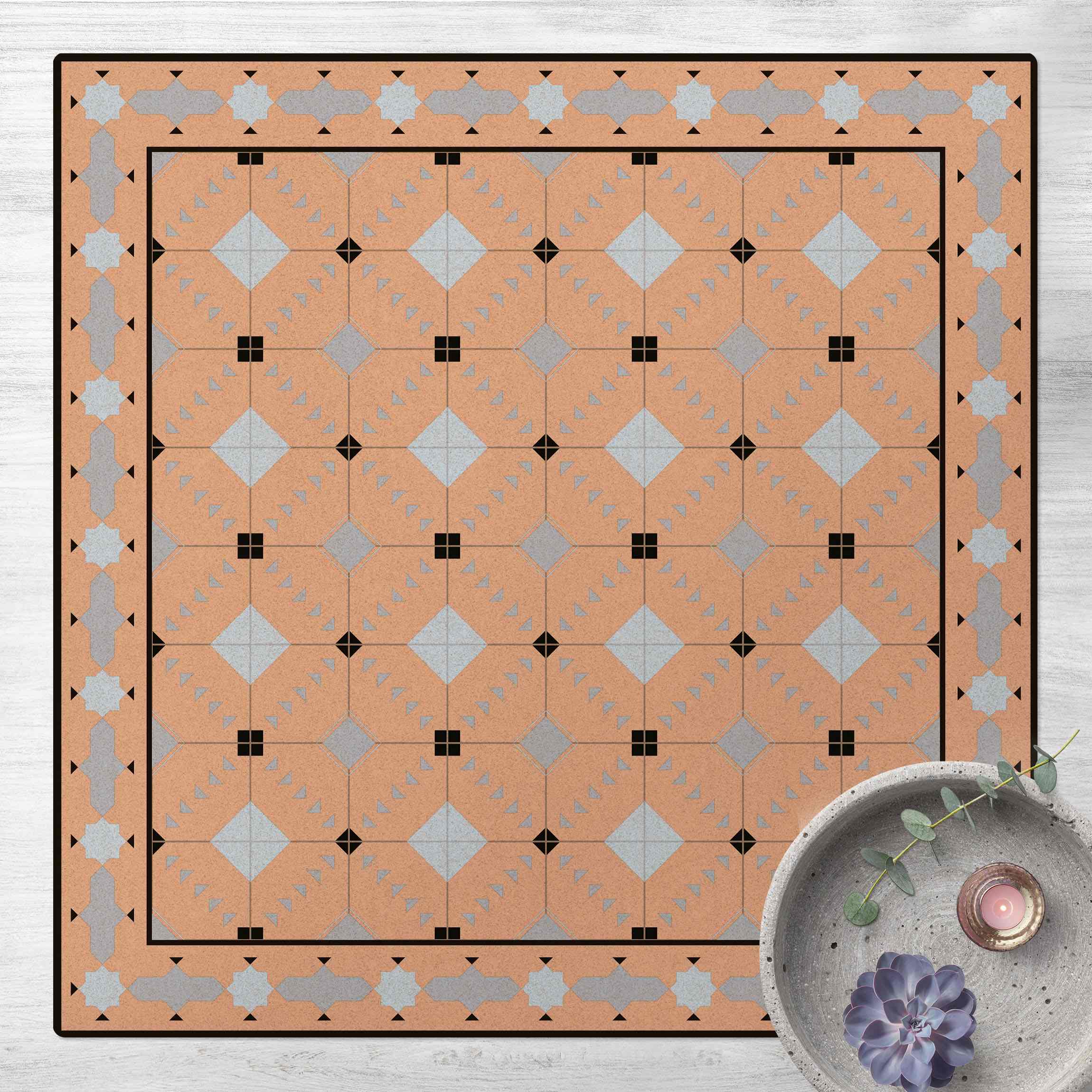 Kork-Teppich Geometrische Fliesen Ikat Blau mit Bordüre