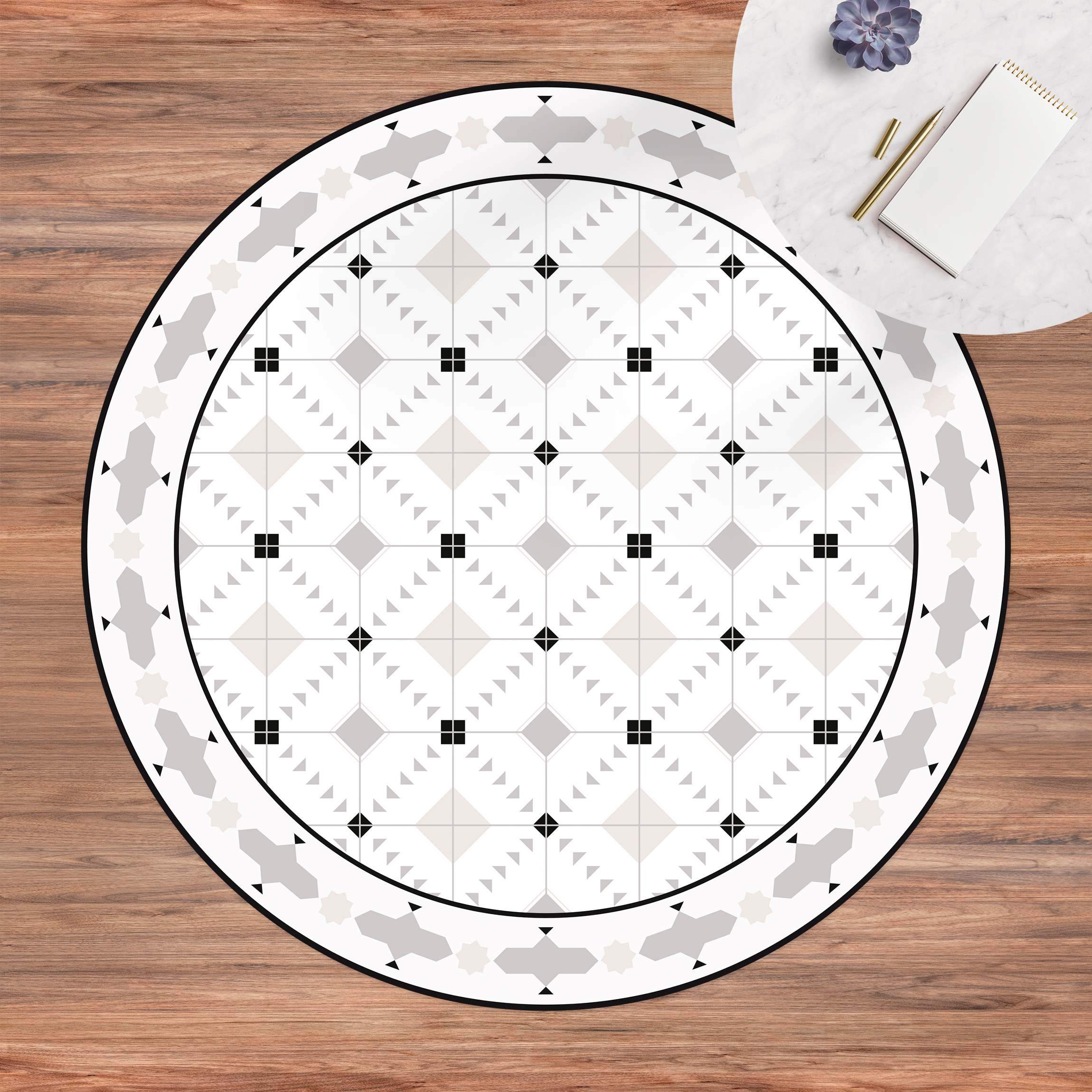 Runder Vinyl-Teppich Geometrische Fliesen Ikat Sand mit Bordüre