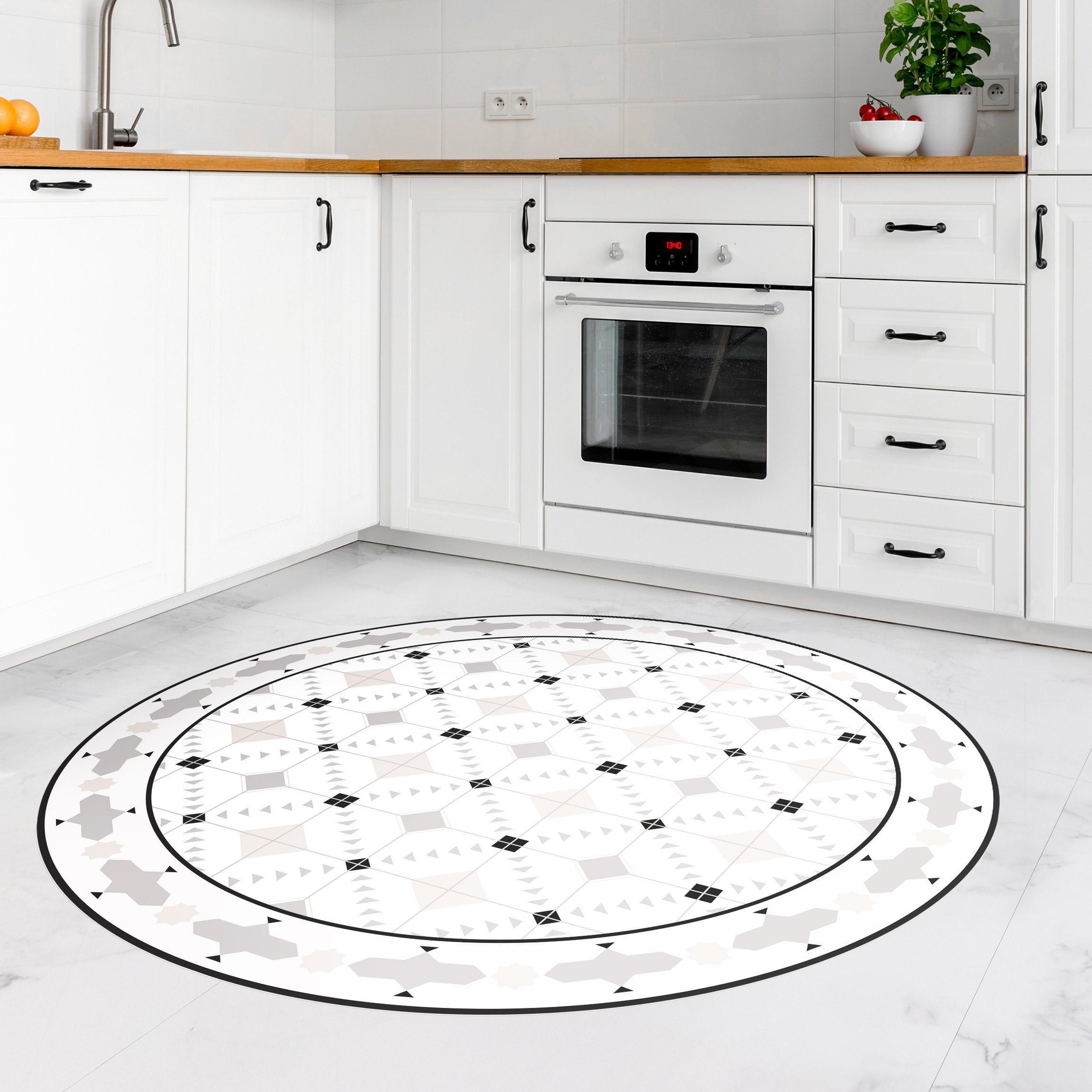 Runder Vinyl-Teppich Geometrische Fliesen Ikat Sand mit Bordüre