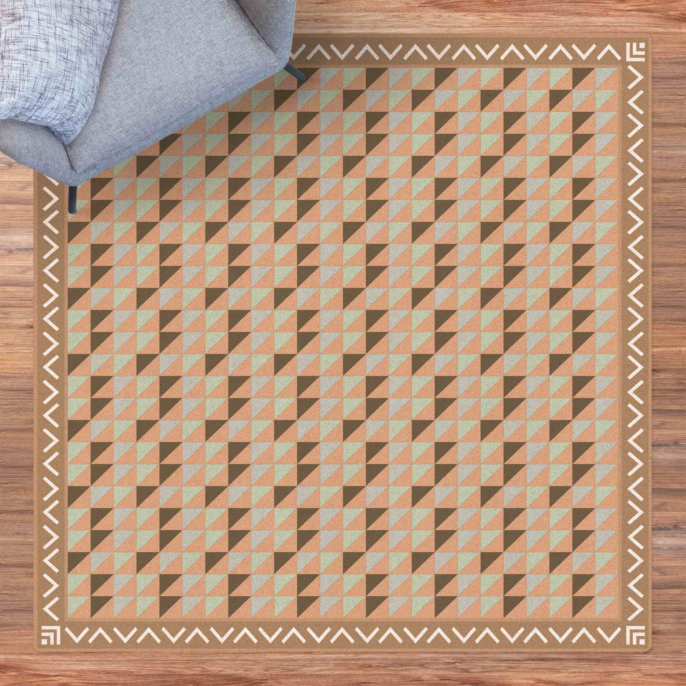 Kork-Teppich Geometrische Fliesen kleine Dreiecke Olivgrün mit Bordüre