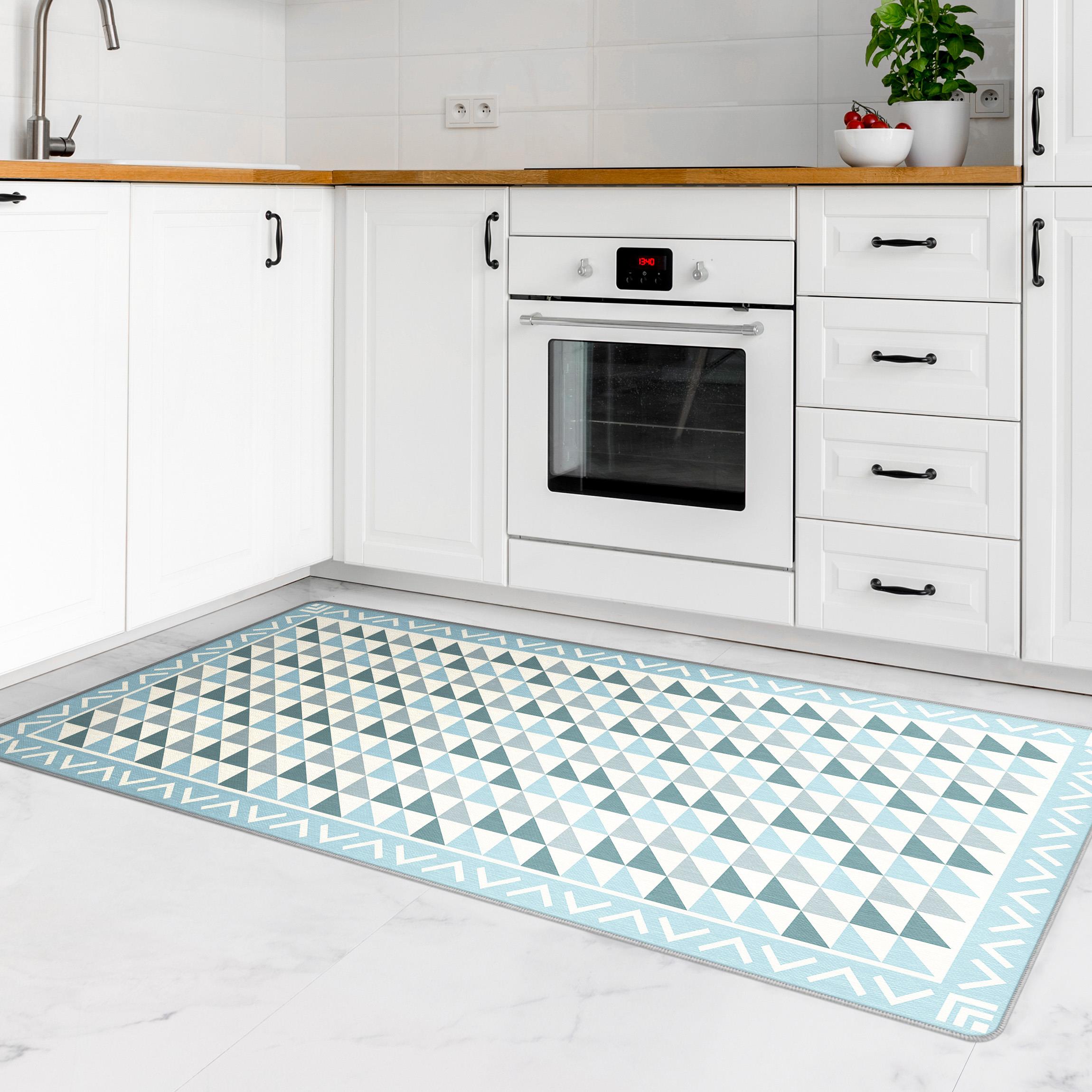 Teppich Geometrische Fliesen kleine Dreiecke Taubenblau mit Bordüre