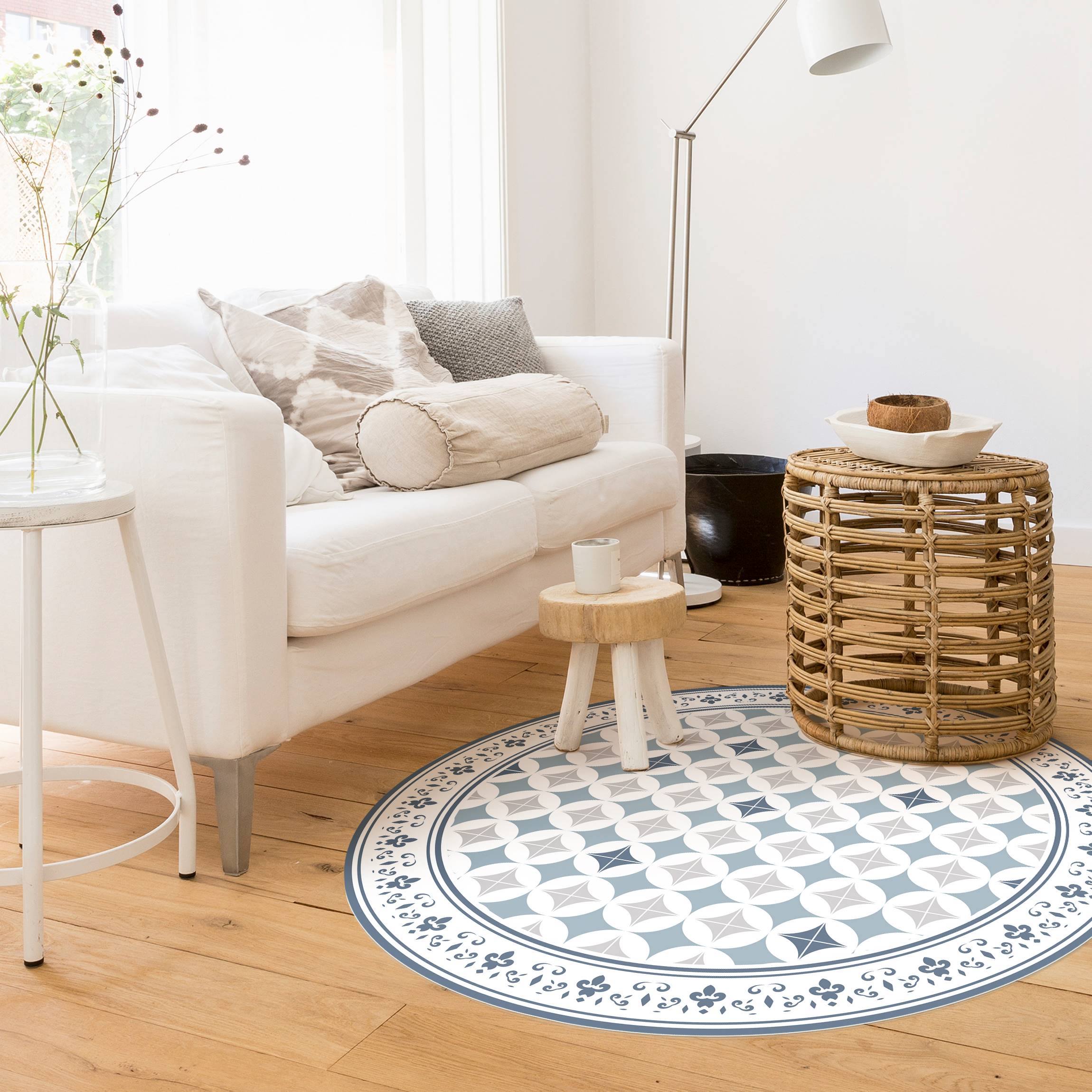 Runder Vinyl-Teppich Geometrische Fliesen Kreisblüten Dunkelblau mit Bordüre