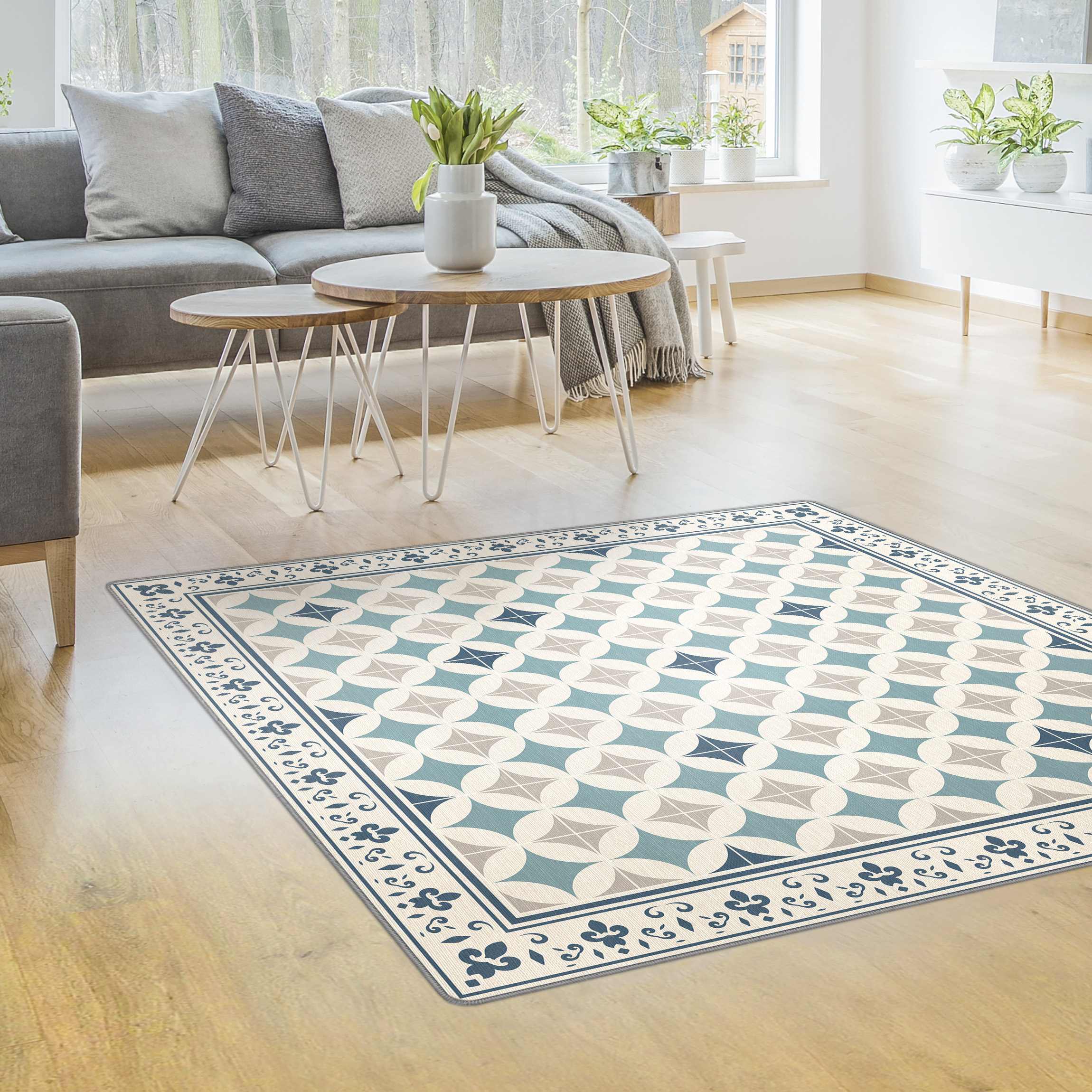 Teppich Geometrische Fliesen Kreisblüten Dunkelblau mit Bordüre