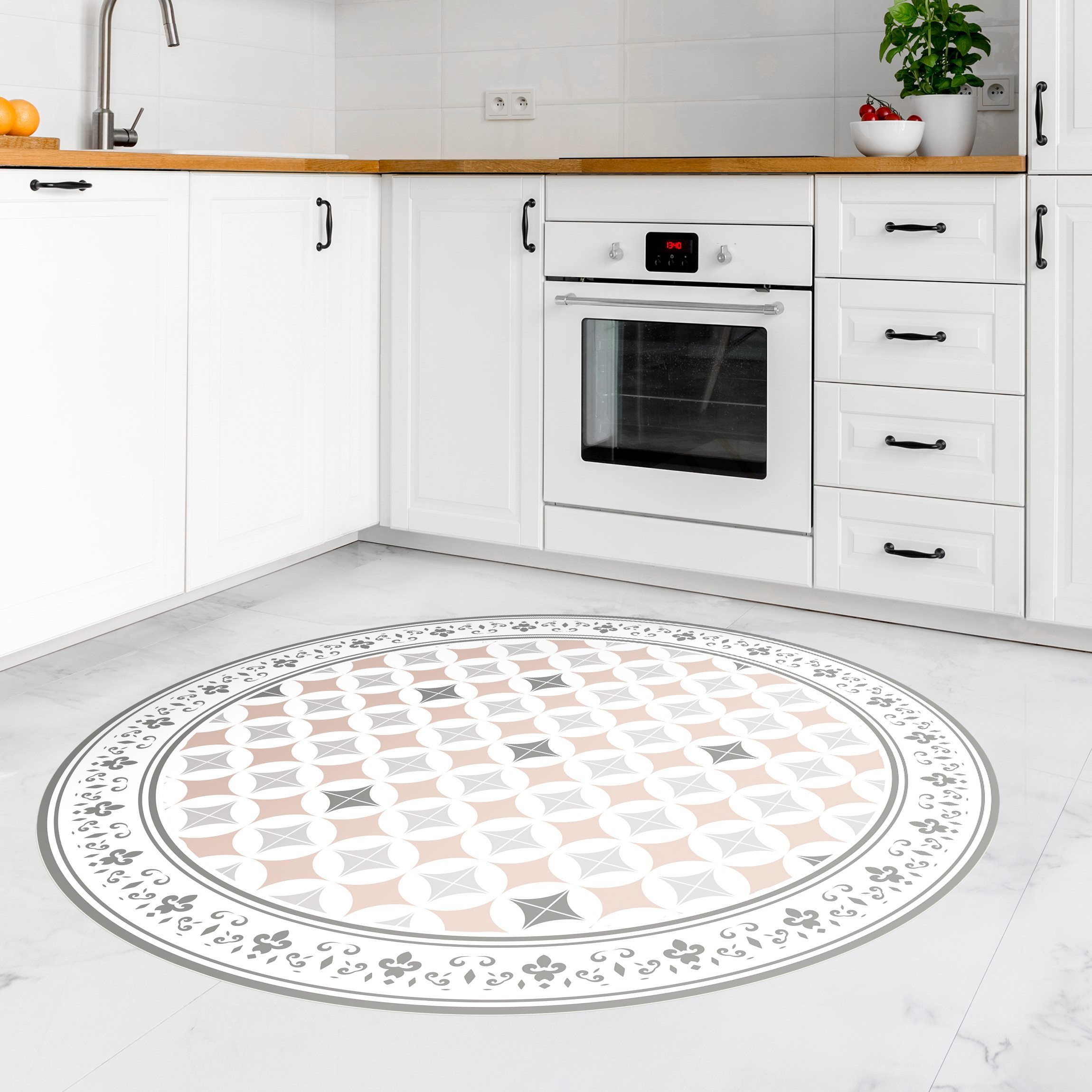 Runder Vinyl-Teppich Geometrische Fliesen Kreisblüten Orange mit Bordüre