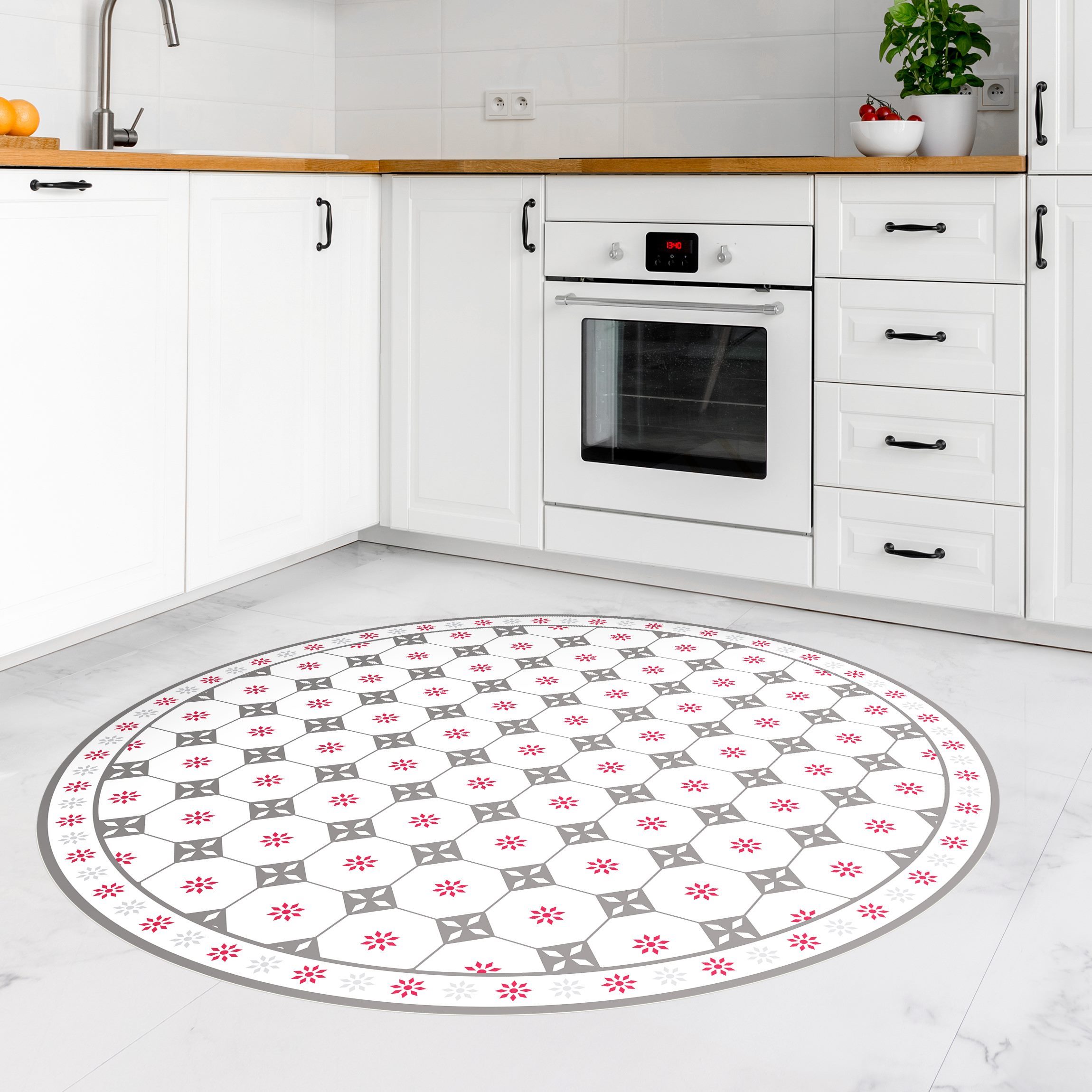 Runder Vinyl-Teppich Geometrische Fliesen Landhaus Grau Rot mit Bordüre