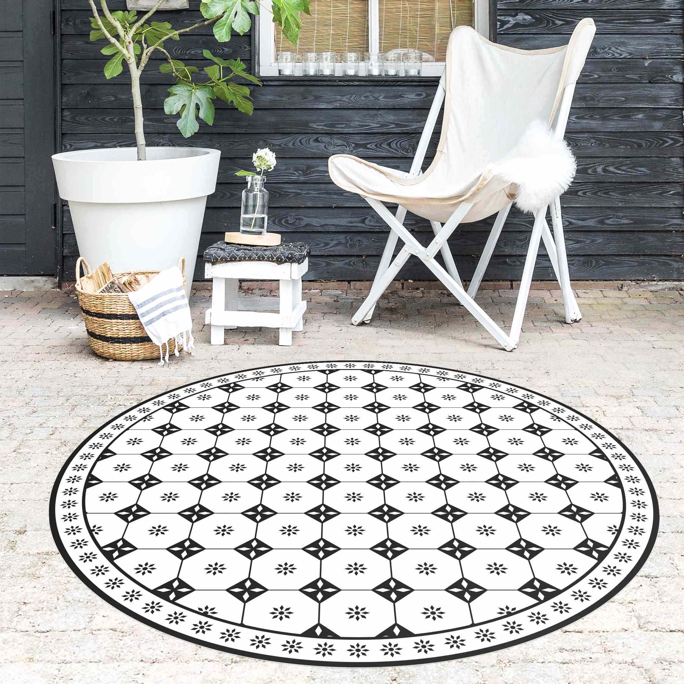 Runder Vinyl-Teppich Geometrische Fliesen Landhaus Schwarz Weiß mit Bordüre