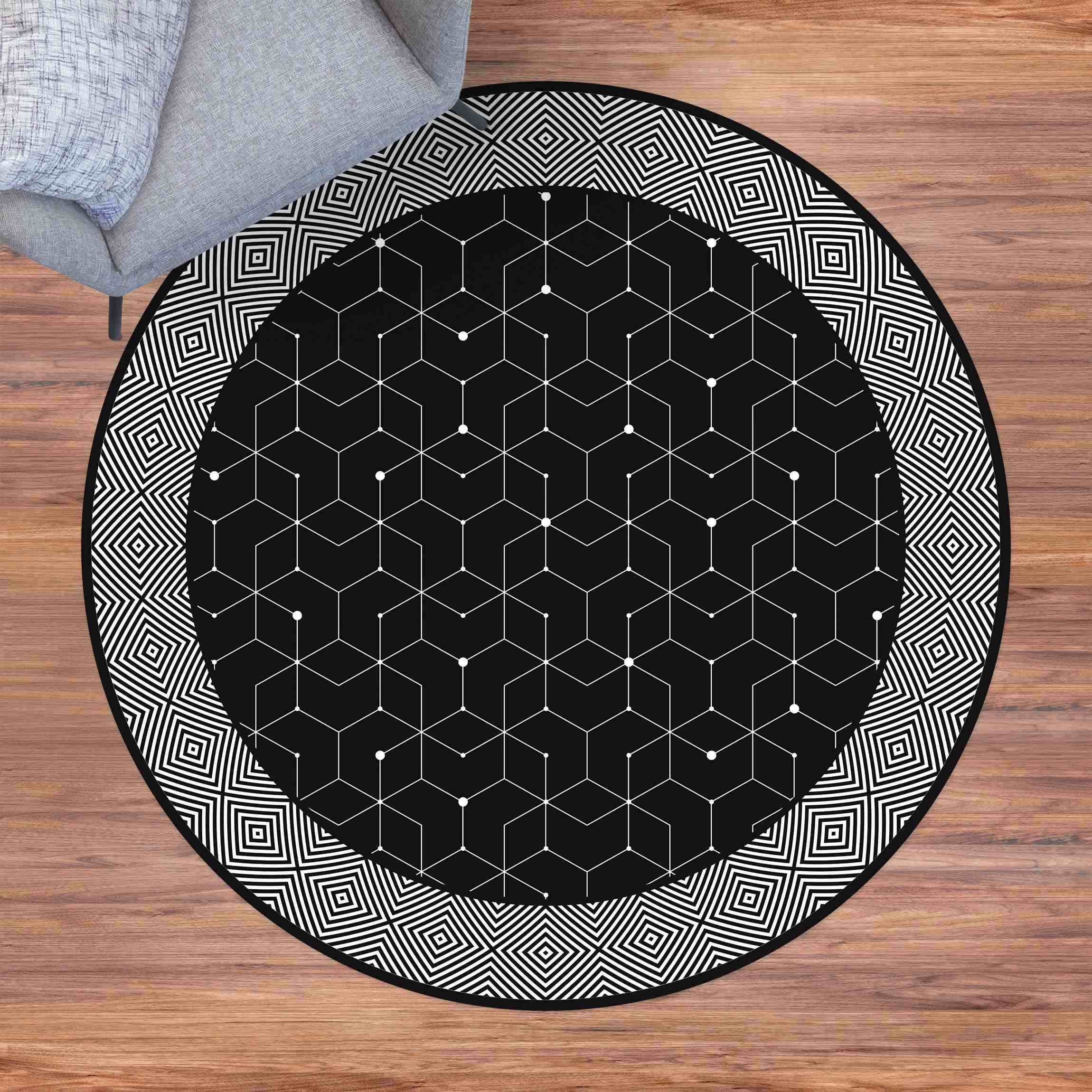 Runder Vinyl-Teppich Geometrische Fliesen Punktlinien Schwarz mit Bordüre