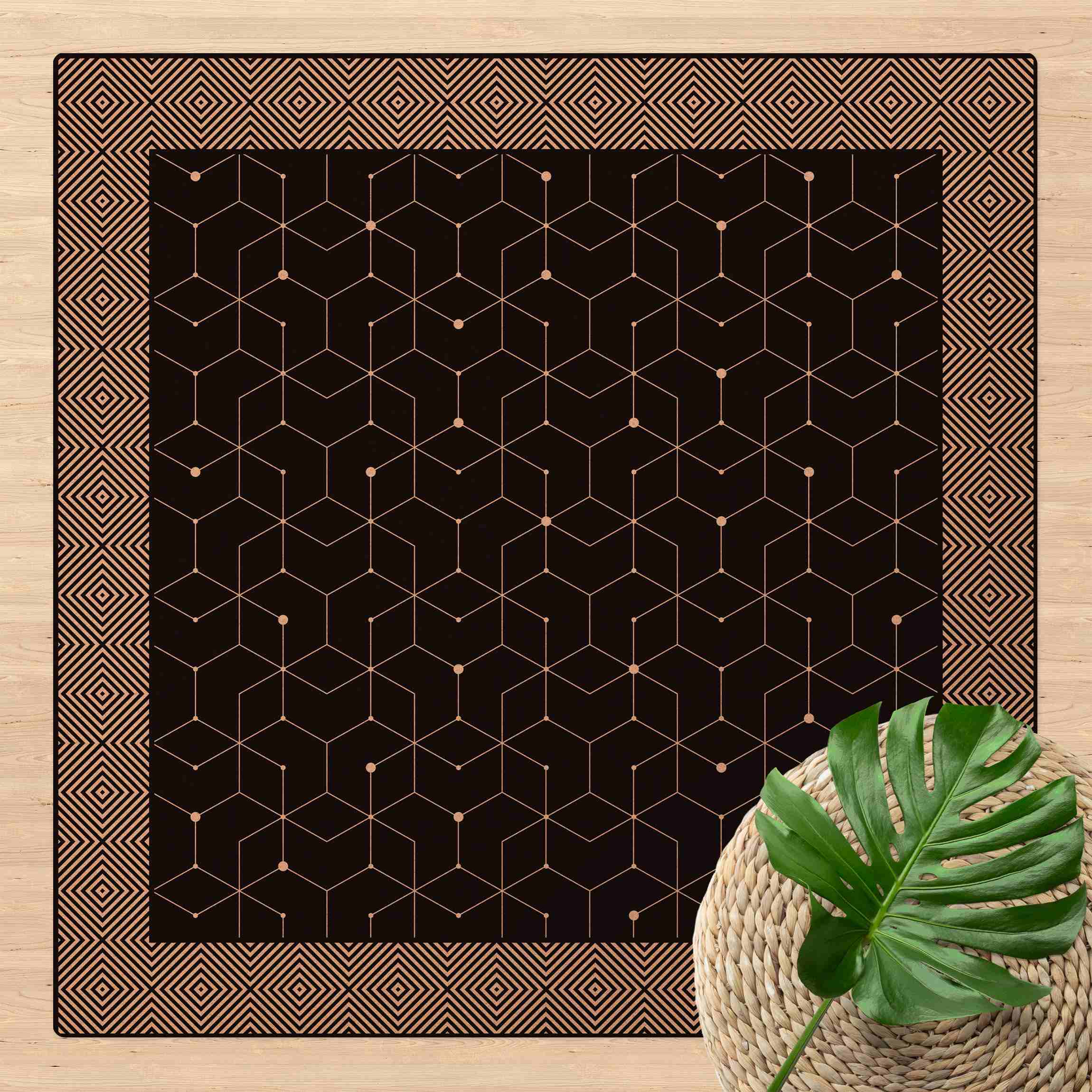 Kork-Teppich Geometrische Fliesen Punktlinien Schwarz mit Bordüre
