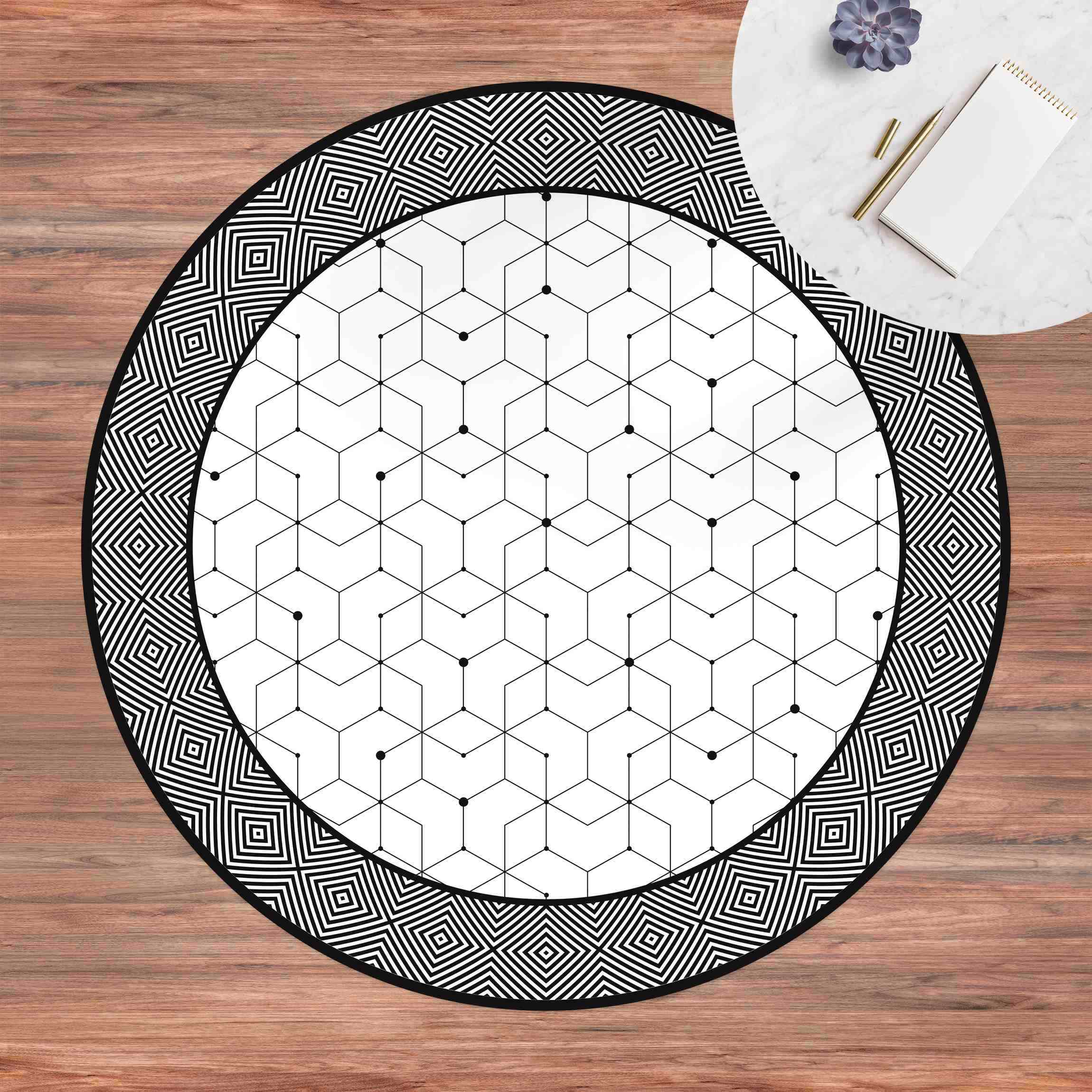 Runder Vinyl-Teppich Geometrische Fliesen Punktlinien Schwarz Weiß mit Bordüre