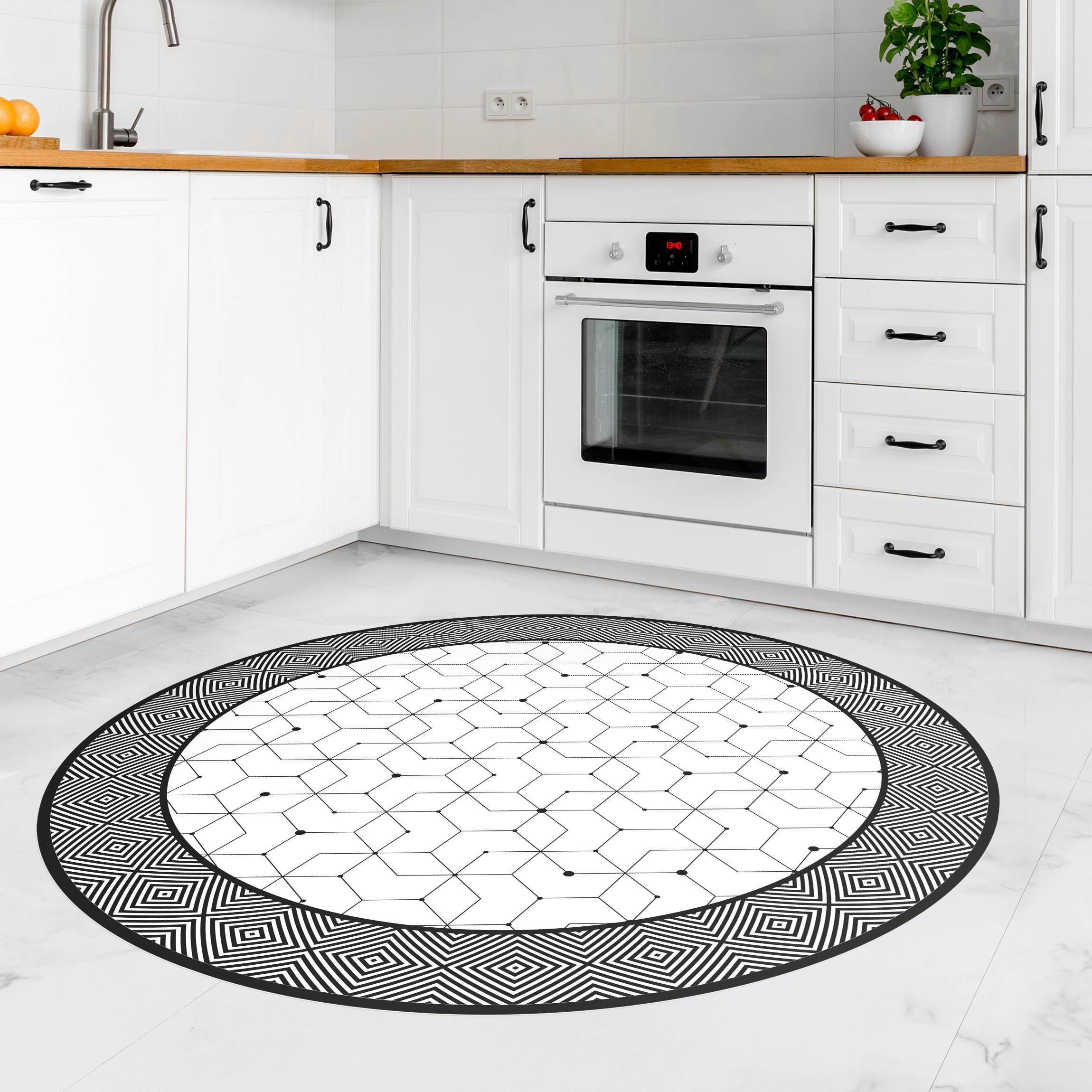 Runder Vinyl-Teppich Geometrische Fliesen Punktlinien Schwarz Weiß mit Bordüre