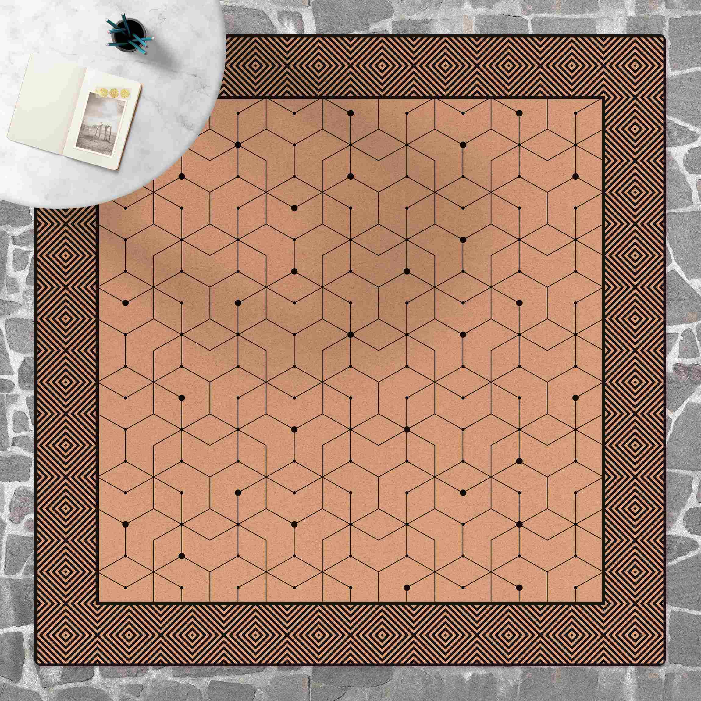 Kork-Teppich Geometrische Fliesen Punktlinien Schwarz Weiß mit Bordüre
