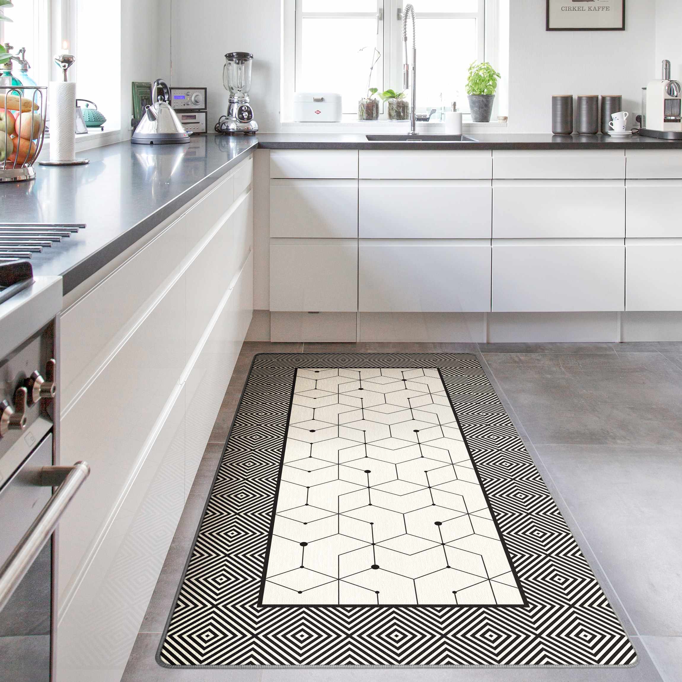 Teppich Geometrische Fliesen Punktlinien Schwarz Weiß mit Bordüre