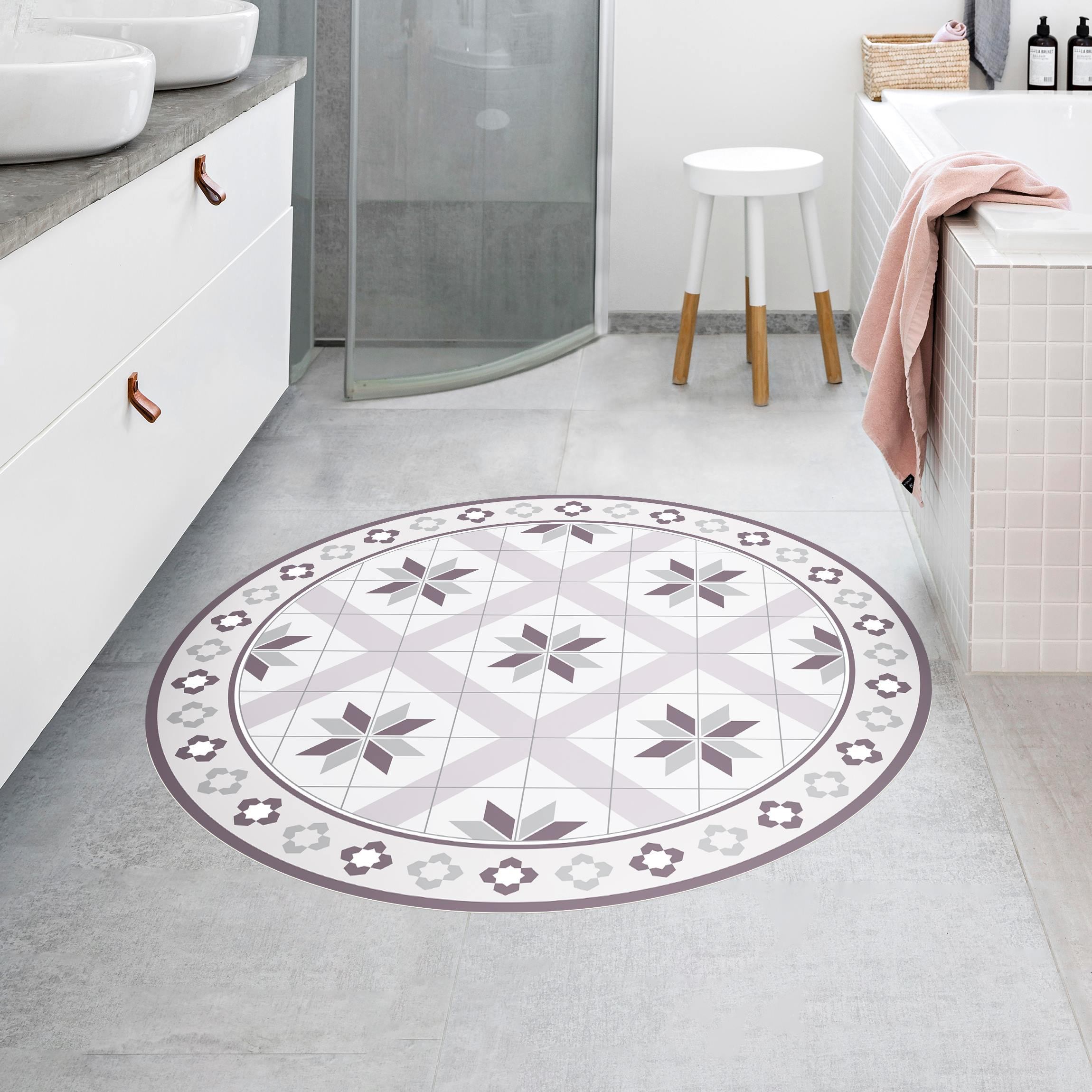 Runder Vinyl-Teppich Geometrische Fliesen Rautenblüte Flieder mit Bordüre