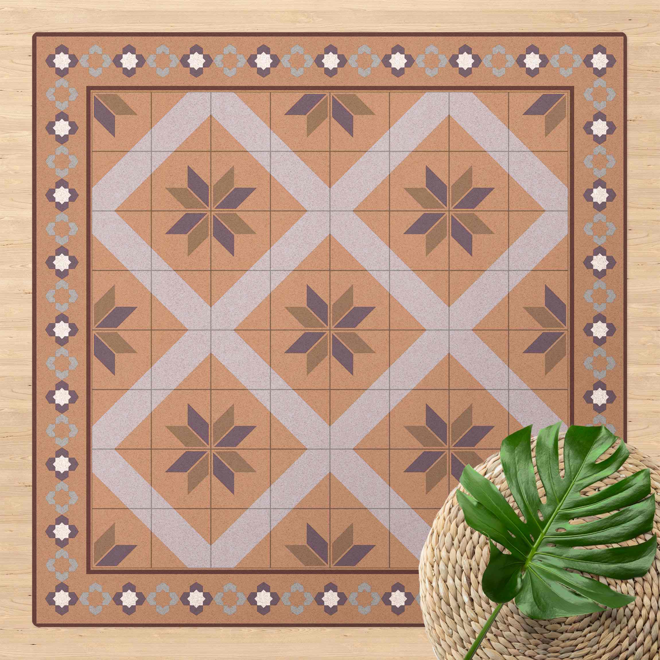 Kork-Teppich Geometrische Fliesen Rautenblüte Flieder mit Bordüre