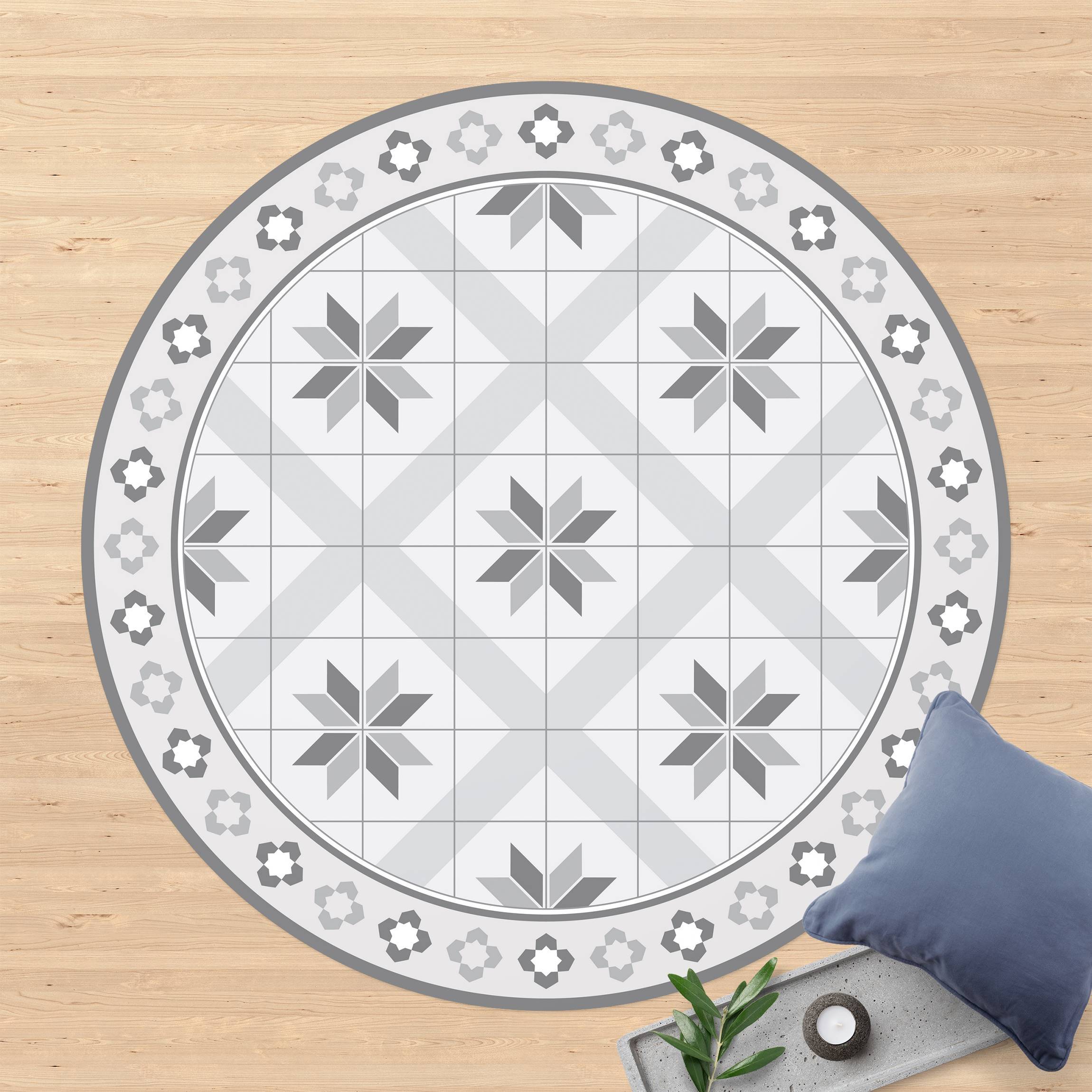 Runder Vinyl-Teppich Geometrische Fliesen Rautenblüte Grau mit Bordüre