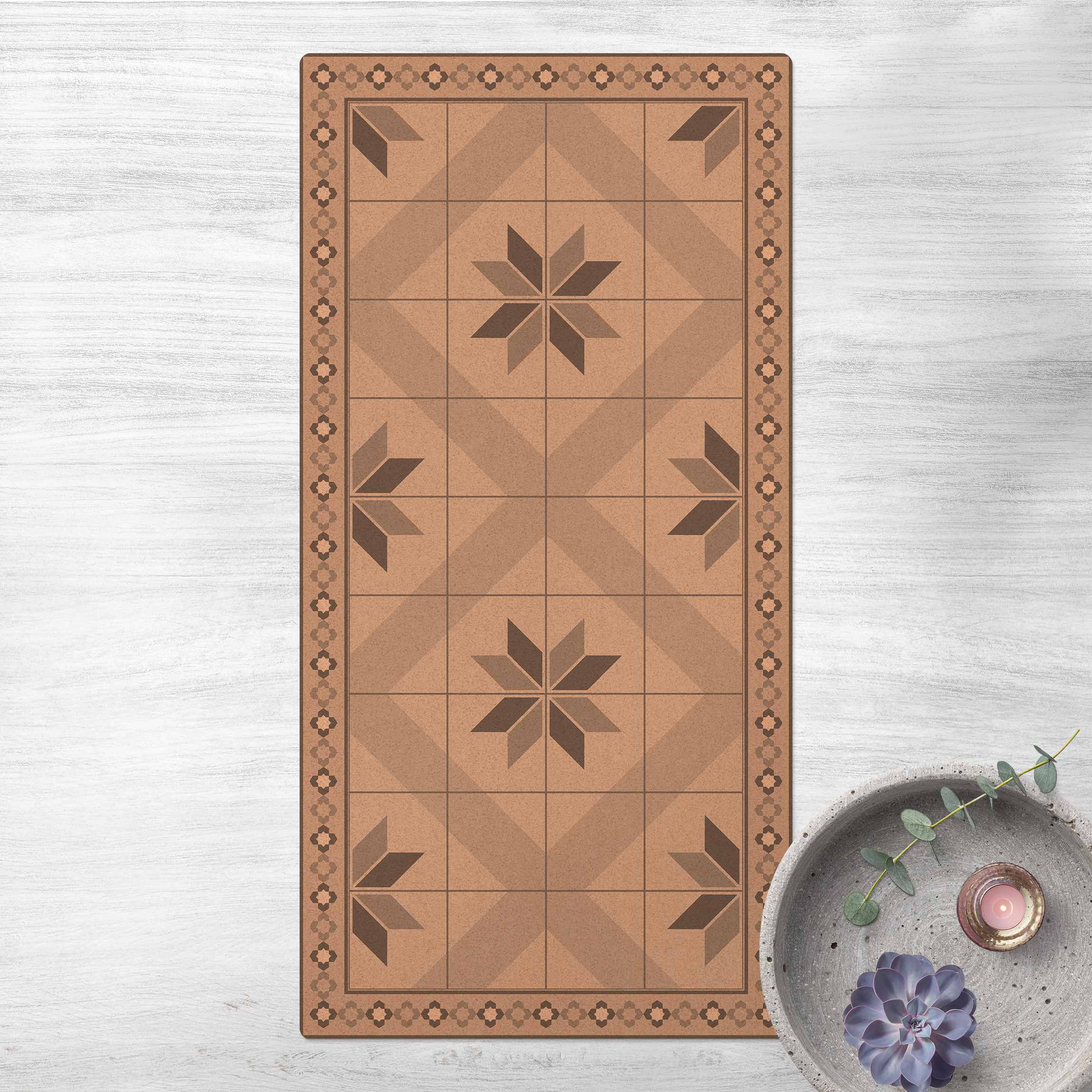 Kork-Teppich Geometrische Fliesen Rautenblüte Grau mit schmaler Bordüre