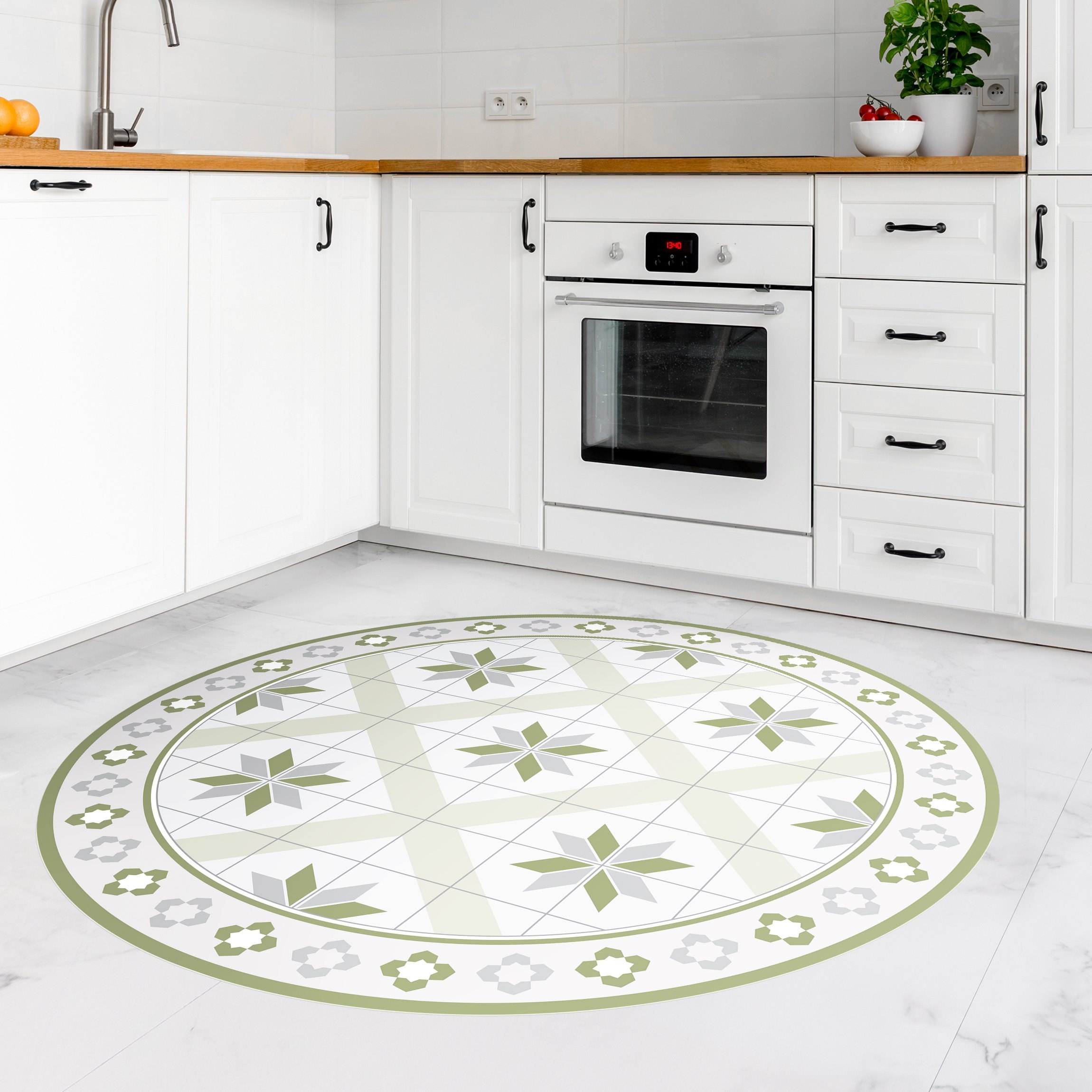 Runder Vinyl-Teppich Geometrische Fliesen Rautenblüte Olivgrün mit Bordüre
