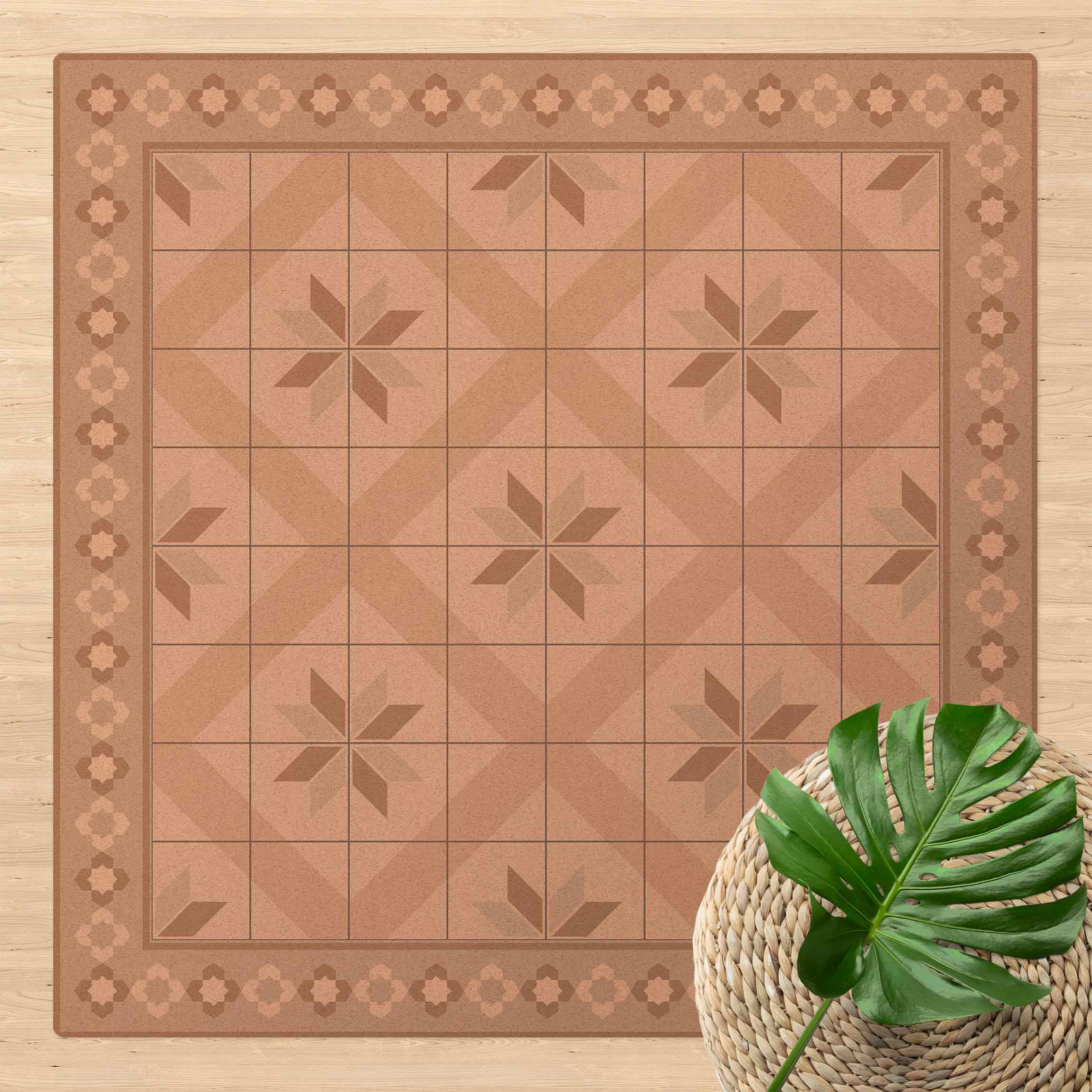 Kork-Teppich Geometrische Fliesen Rautenblüte Sand mit Bordüre
