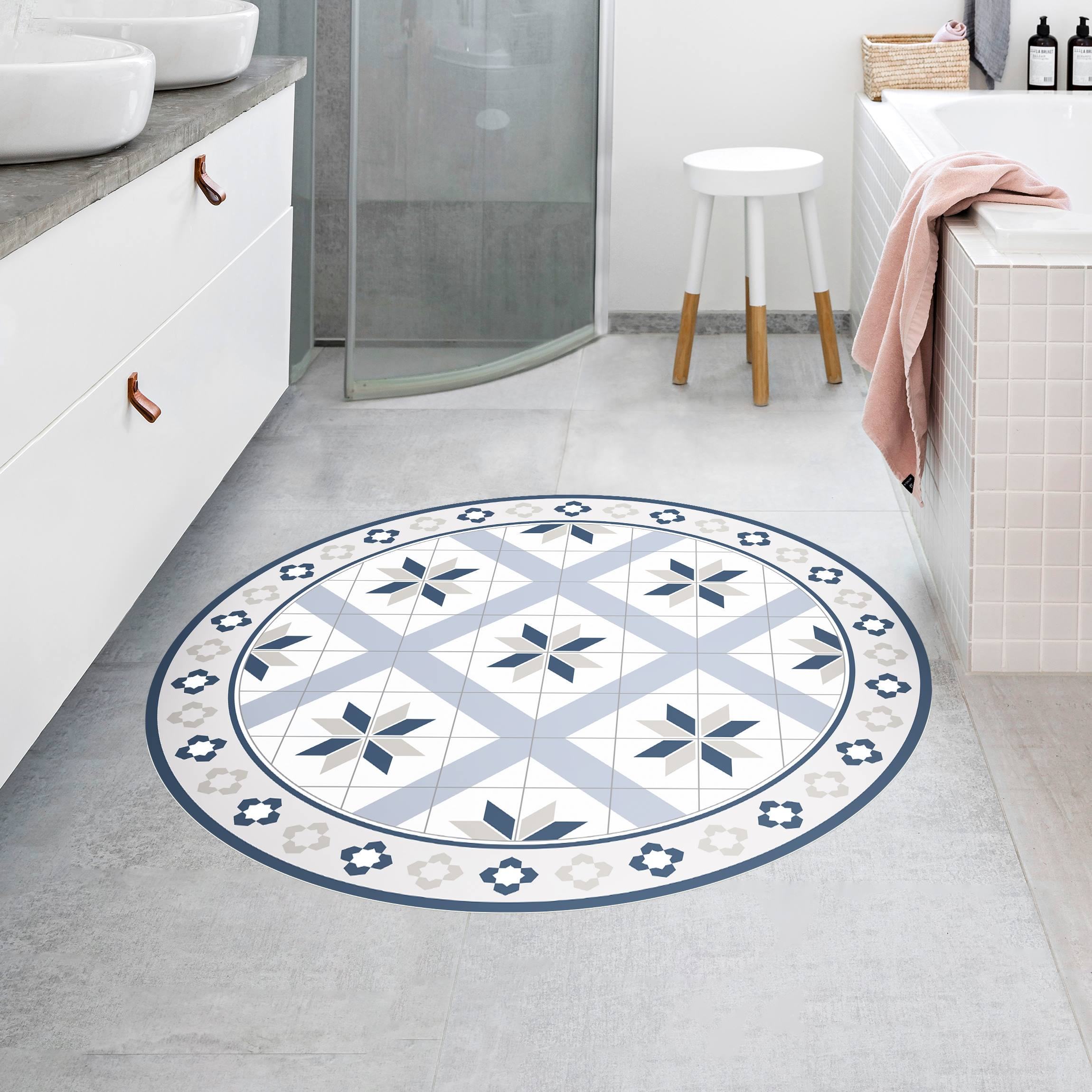 Runder Vinyl-Teppich Geometrische Fliesen Rautenblüte Taubenblau mit Bordüre