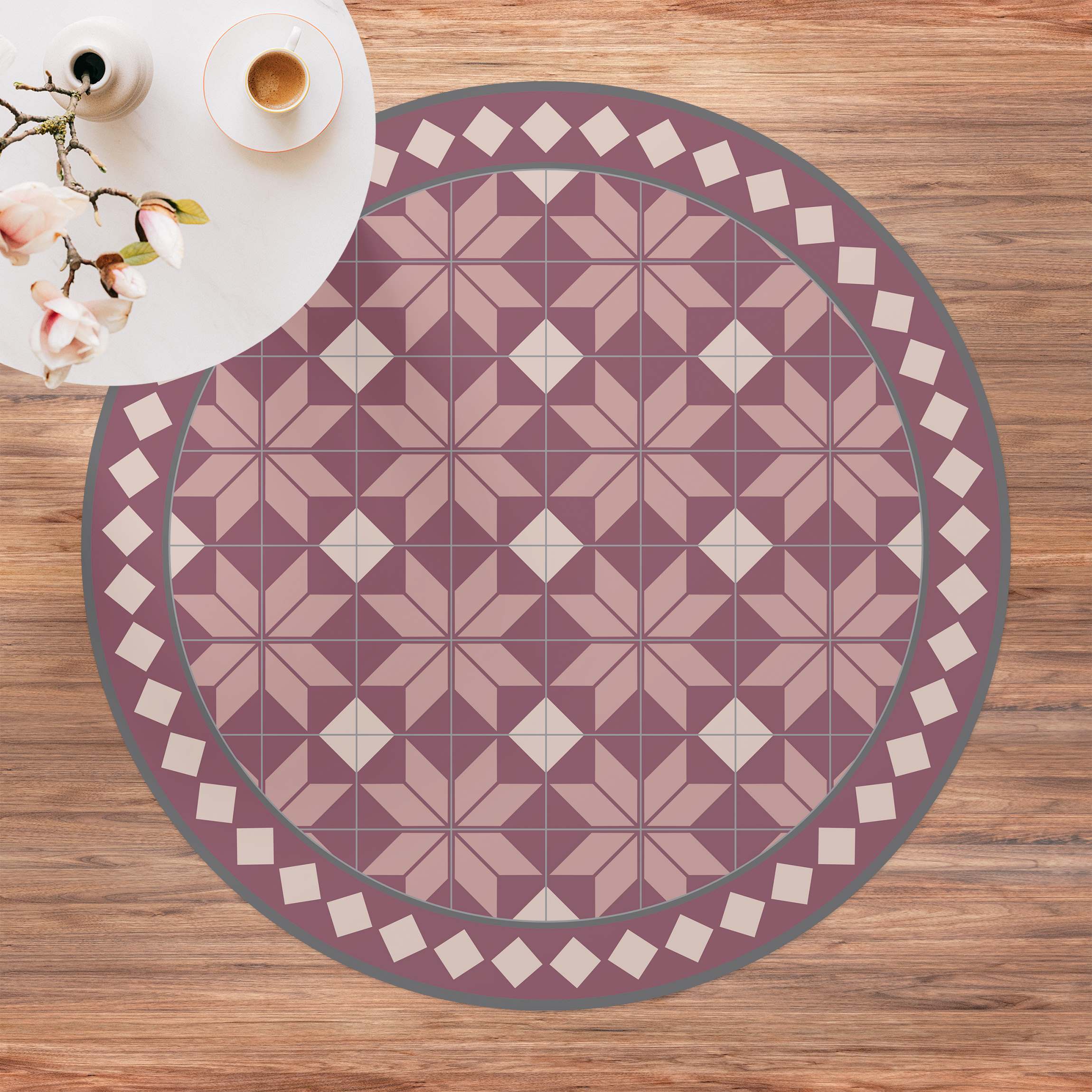 Runder Vinyl-Teppich Geometrische Fliesen Sternblume Altrosa mit Bordüre
