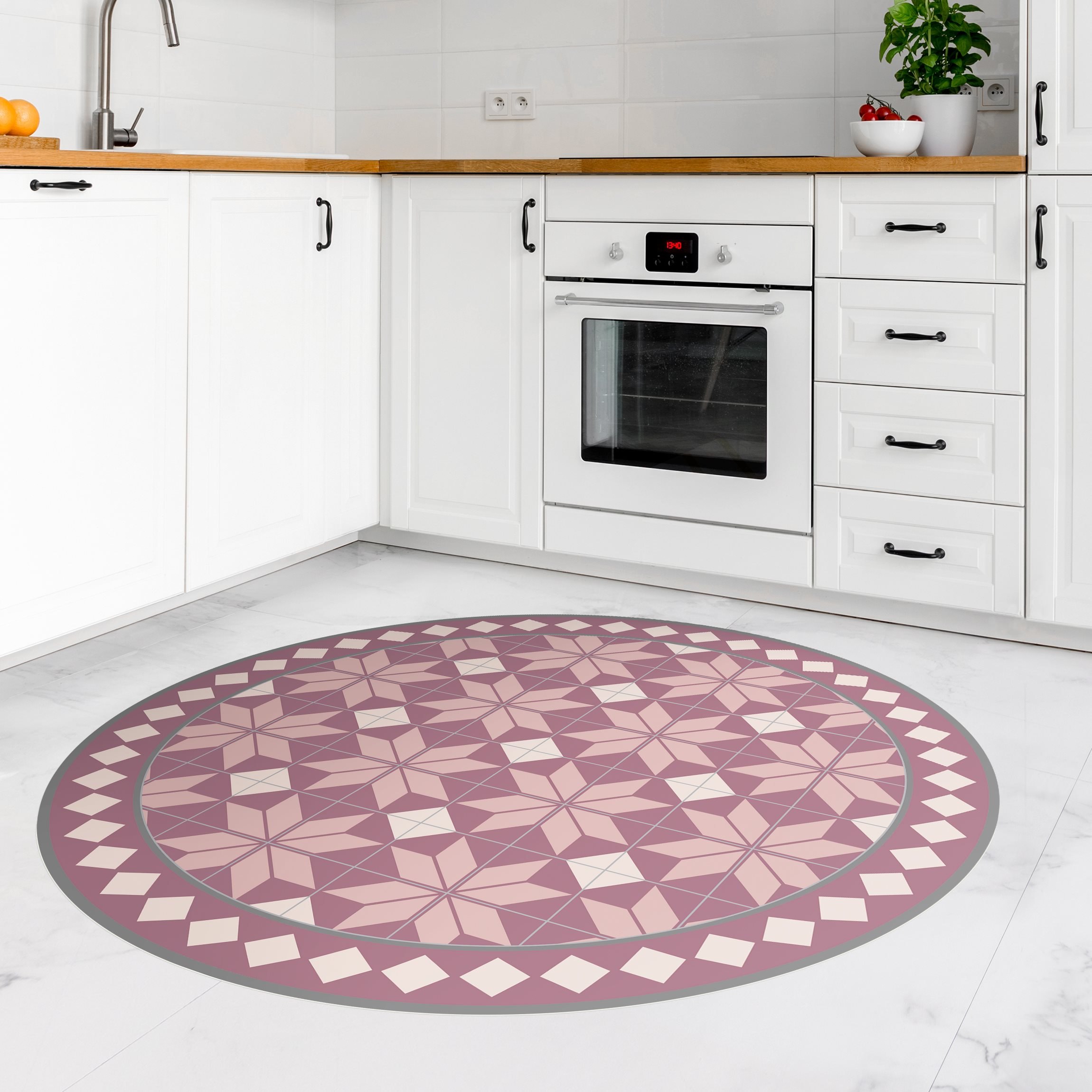 Runder Vinyl-Teppich Geometrische Fliesen Sternblume Altrosa mit Bordüre