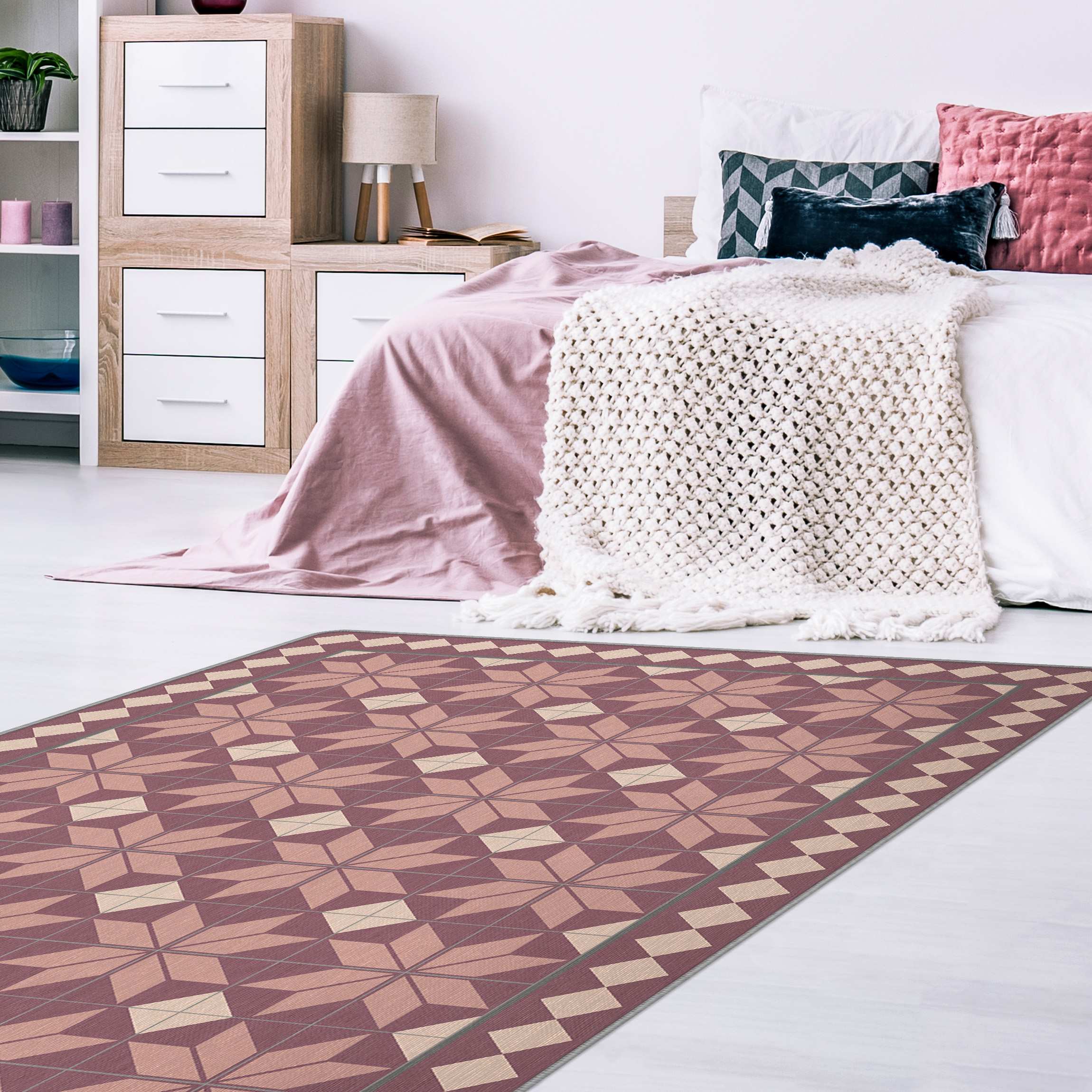 Teppich Geometrische Fliesen Sternblume Altrosa mit Bordüre