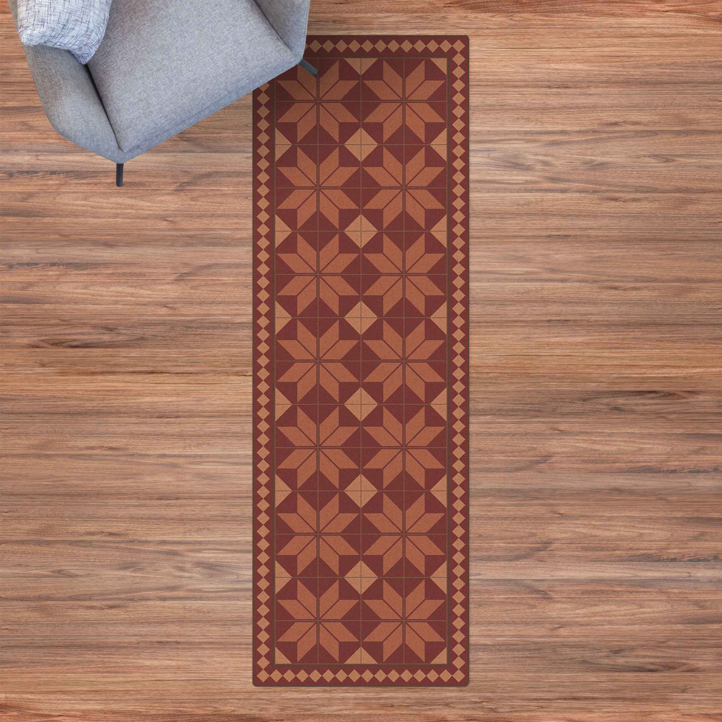 Kork-Teppich Geometrische Fliesen Sternblume Altrosa mit schmaler Bordüre