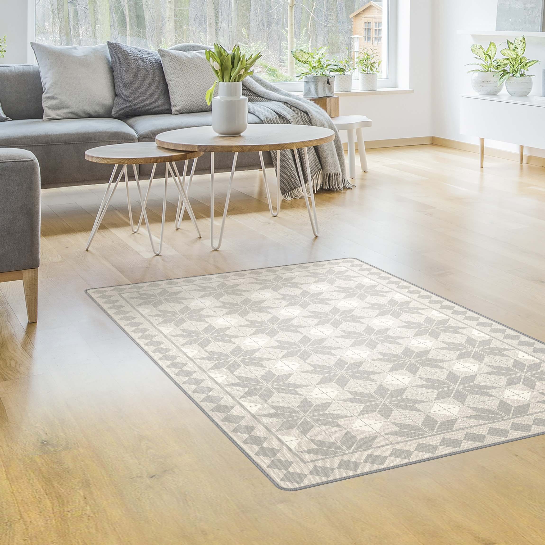 Teppich Geometrische Fliesen Sternblume Grau mit Bordüre