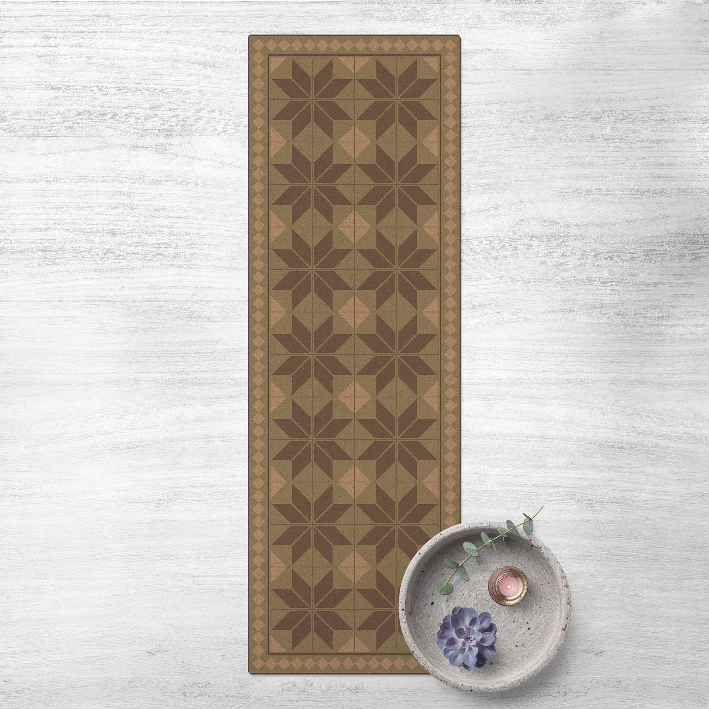 Kork-Teppich Geometrische Fliesen Sternblume Mintgrün mit schmaler Bordüre