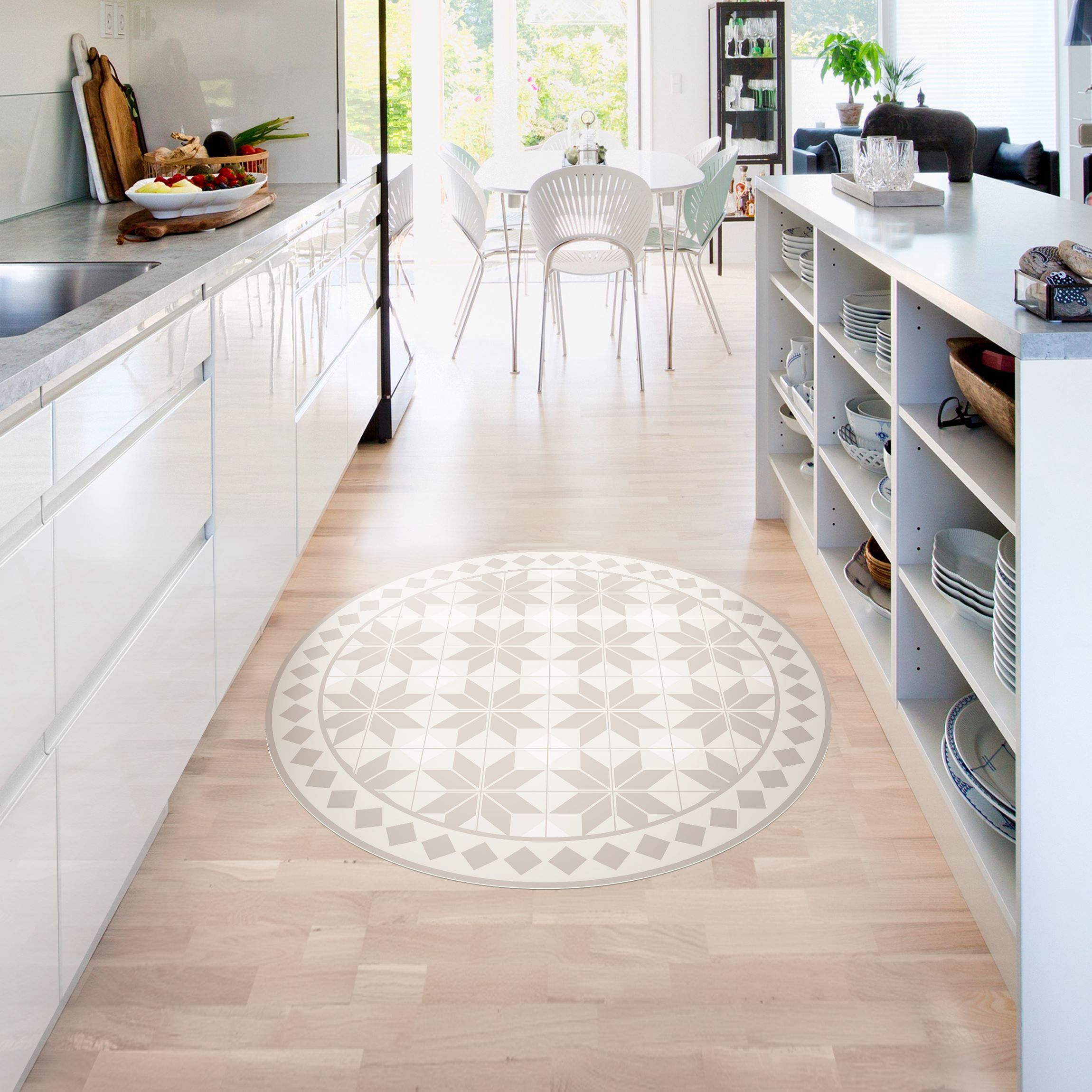 Runder Vinyl-Teppich Geometrische Fliesen Sternblume Sand mit Bordüre