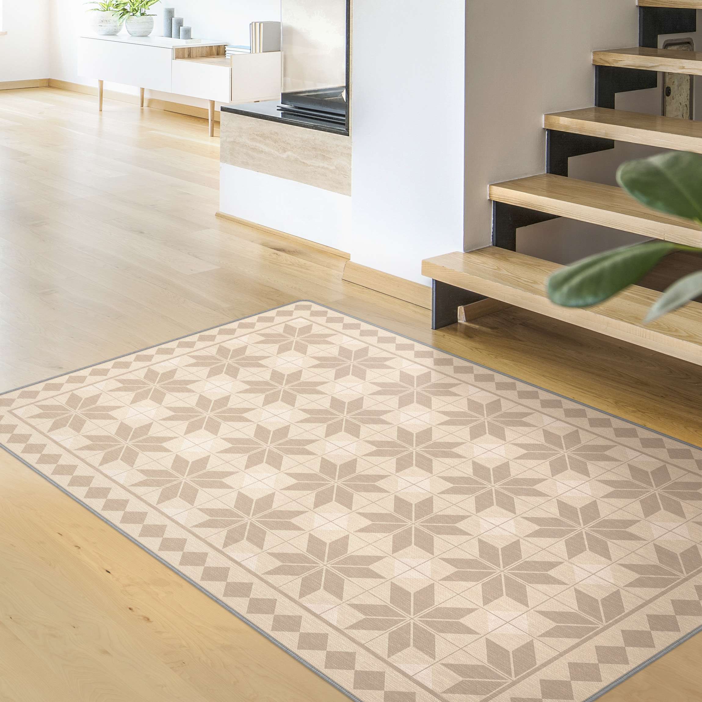 Teppich Geometrische Fliesen Sternblume Sand mit Bordüre