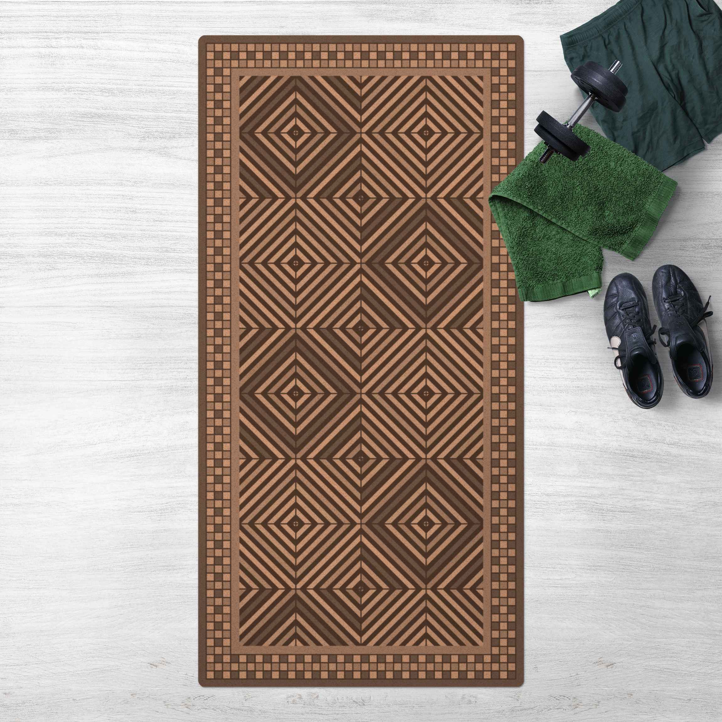 Kork-Teppich Geometrische Fliesen Strudel Grau mit schmalem Mosaikrahmen