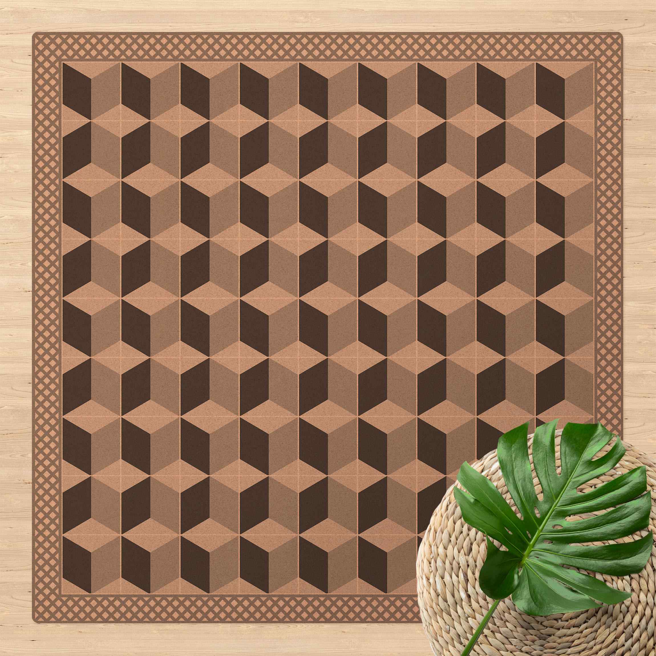 Kork-Teppich Geometrische Fliesen Stufenillusion in Grau mit Bordüre