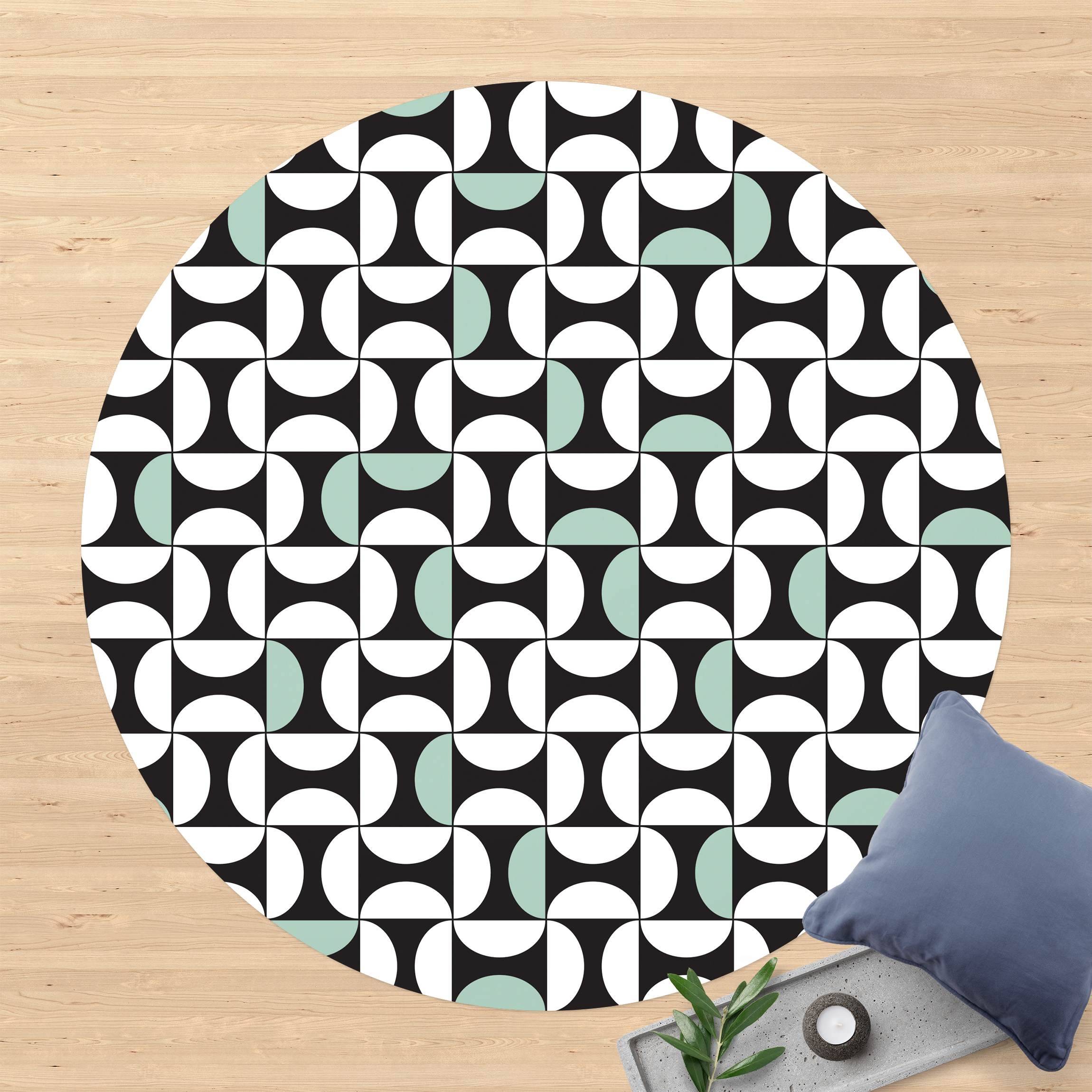 Runder Vinyl-Teppich Geometrische Fliesenbögen Mintgrün mit Bordüre