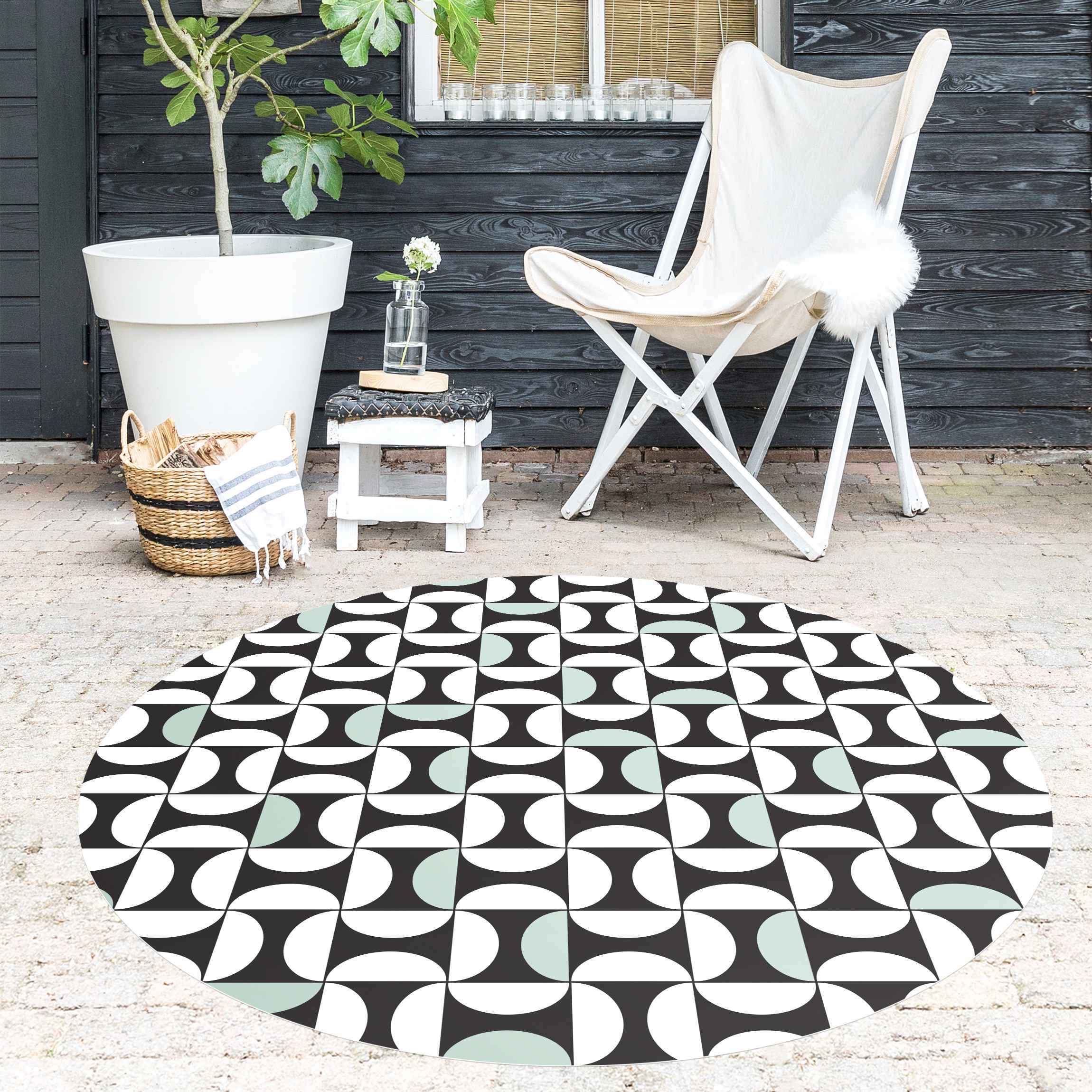 Runder Vinyl-Teppich Geometrische Fliesenbögen Mintgrün mit Bordüre