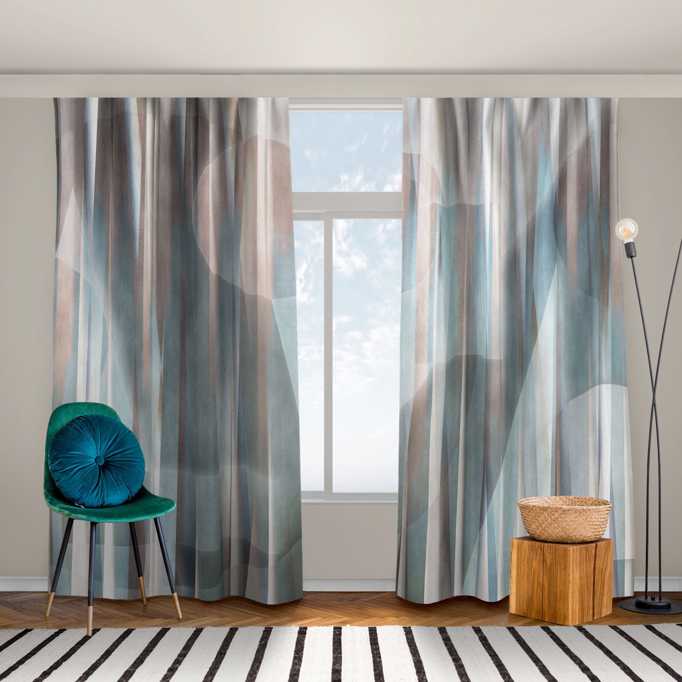 Vorhang Geometrische Formen in Kupfer und Blau