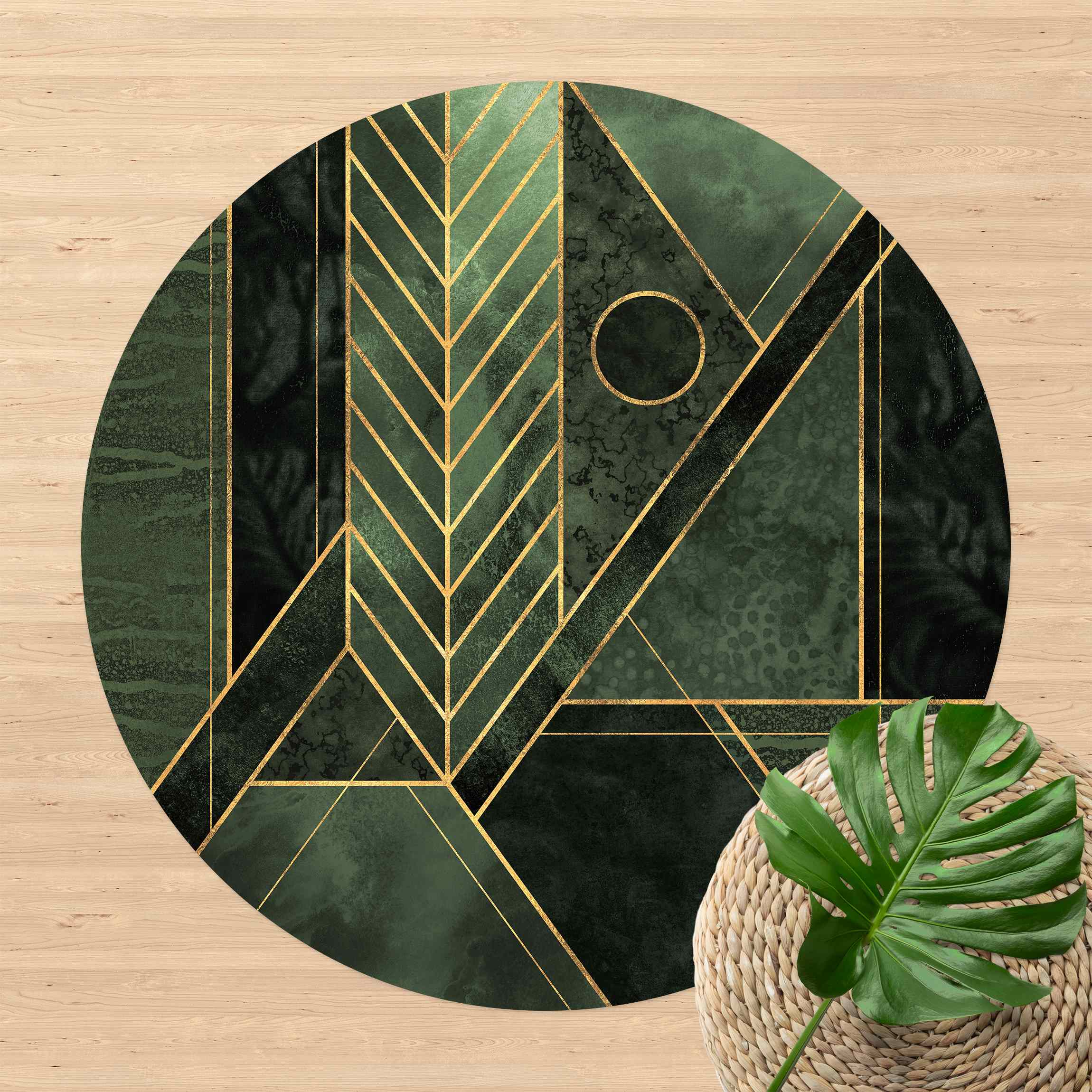 Runder Vinyl-Teppich Geometrische Formen Smaragd Gold