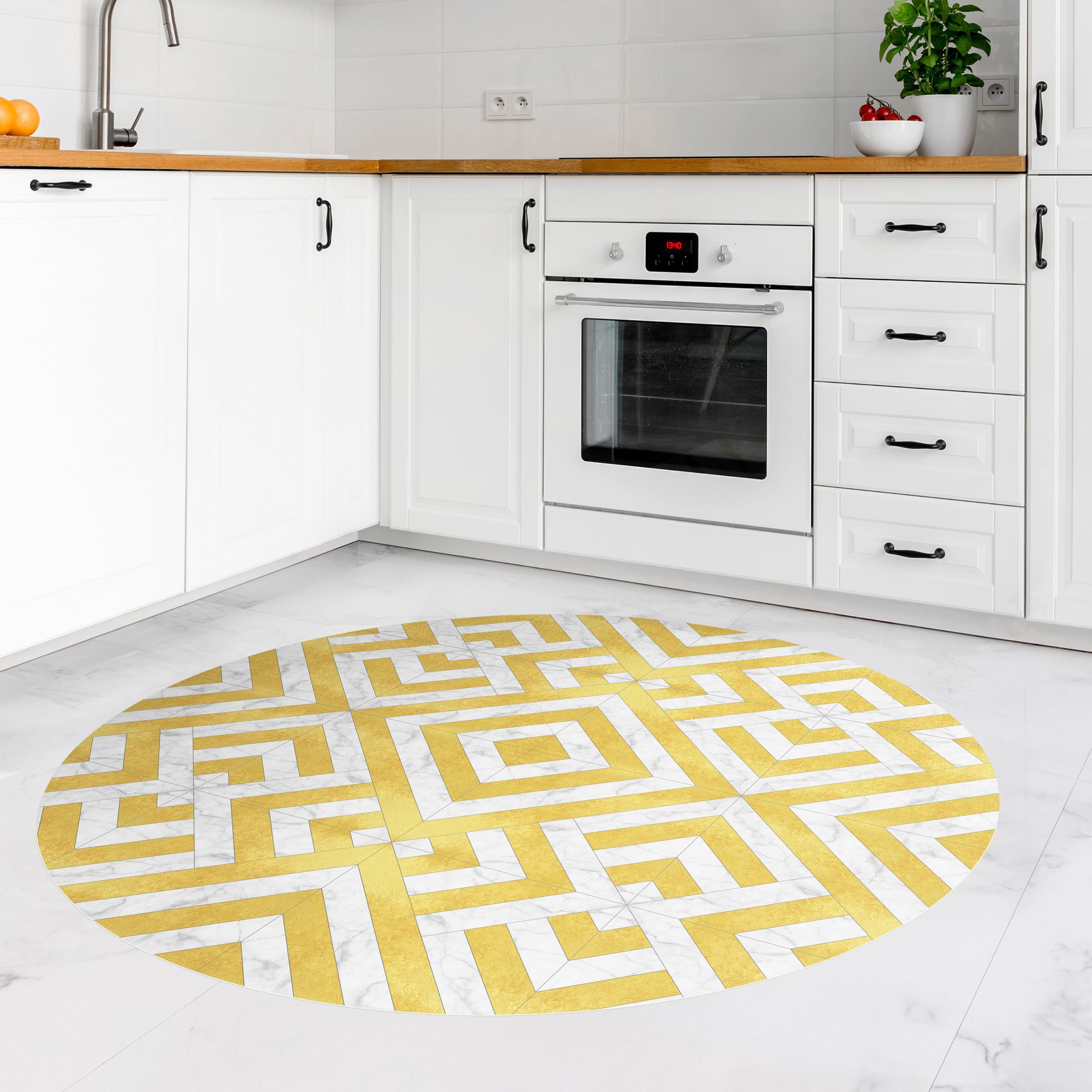 Runder Vinyl-Teppich Geometrischer Fliesenmix Art Deco Gold Marmor