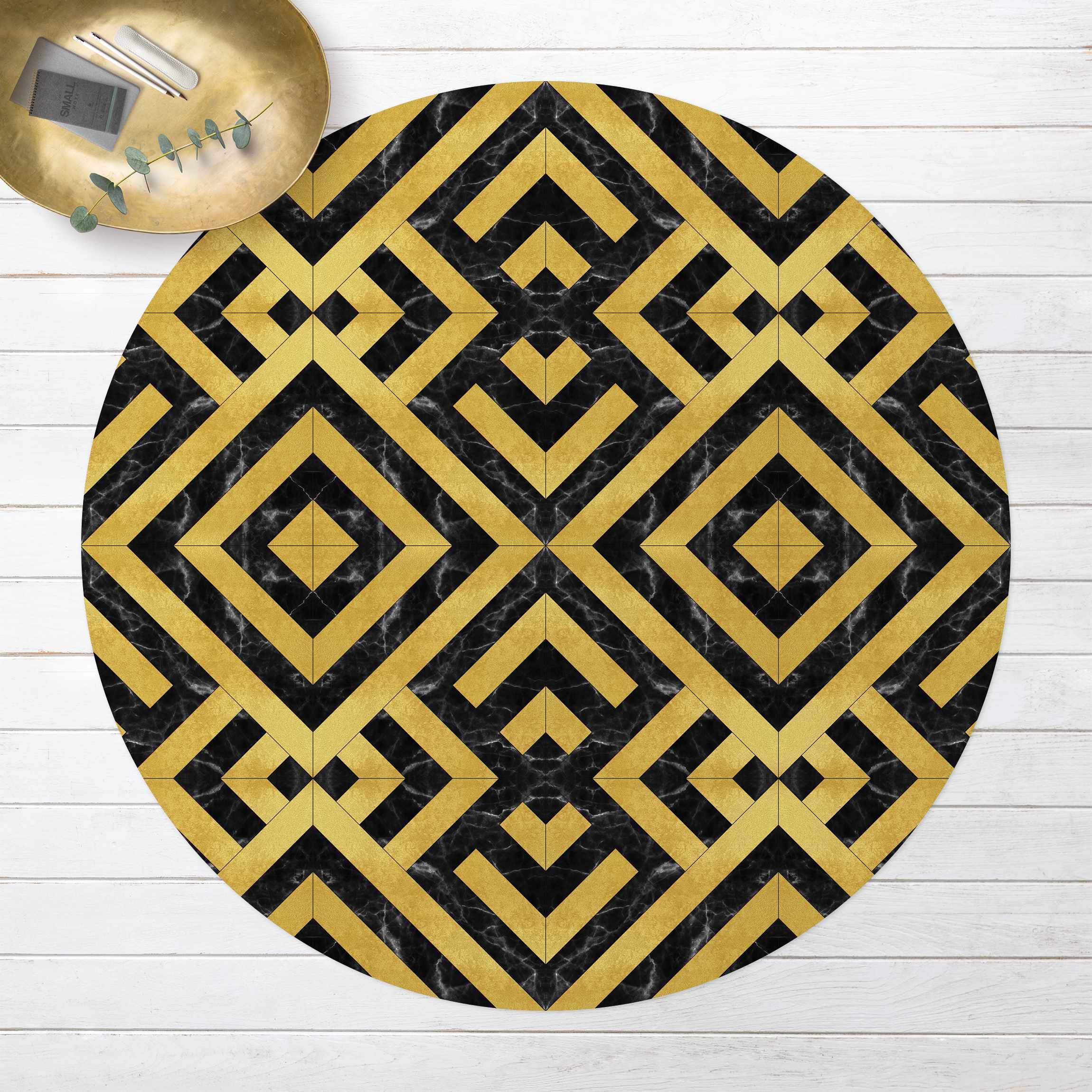 Runder Vinyl-Teppich Geometrischer Fliesenmix Art Deco Gold Schwarzer Marmor