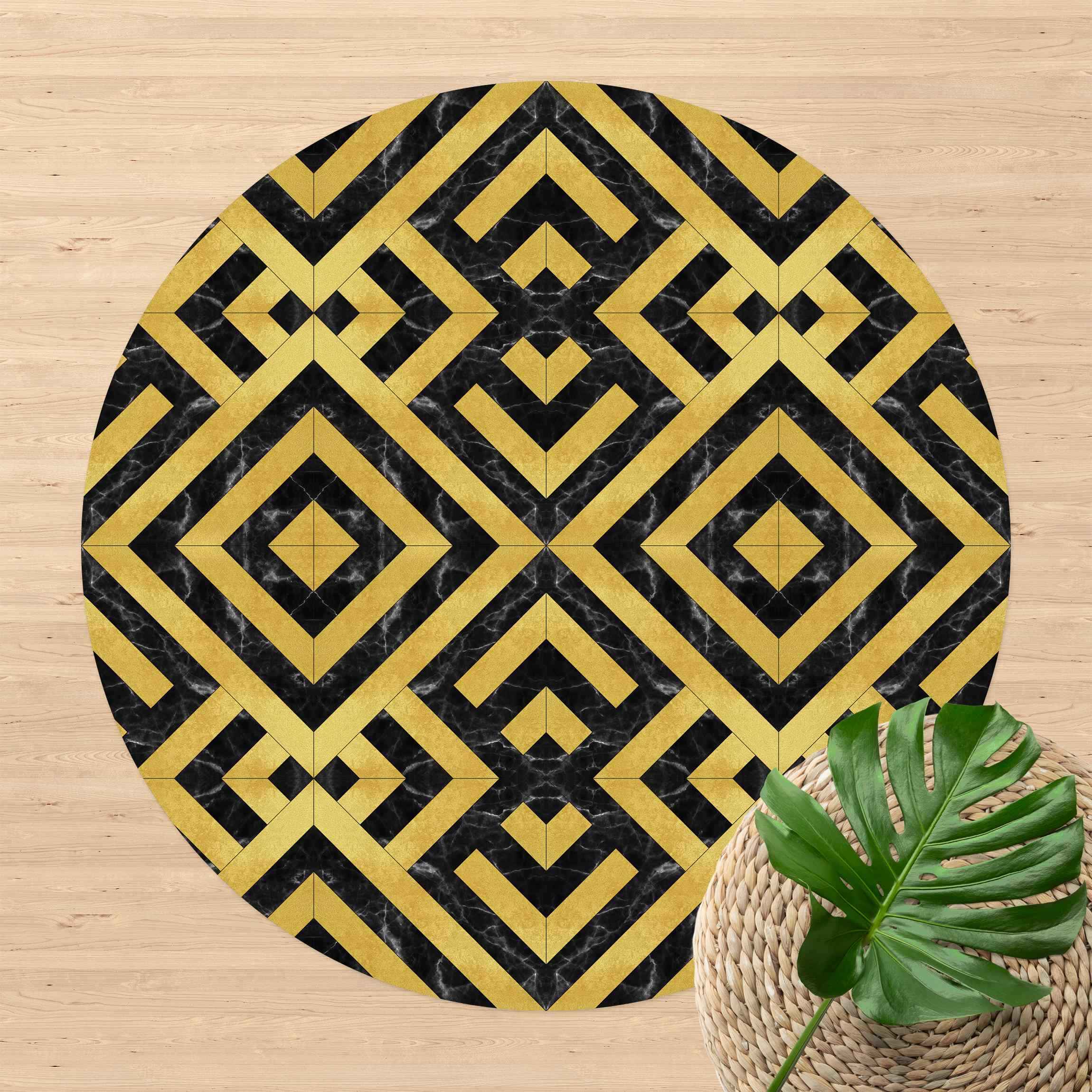 Runder Vinyl-Teppich Geometrischer Fliesenmix Art Deco Gold Schwarzer Marmor