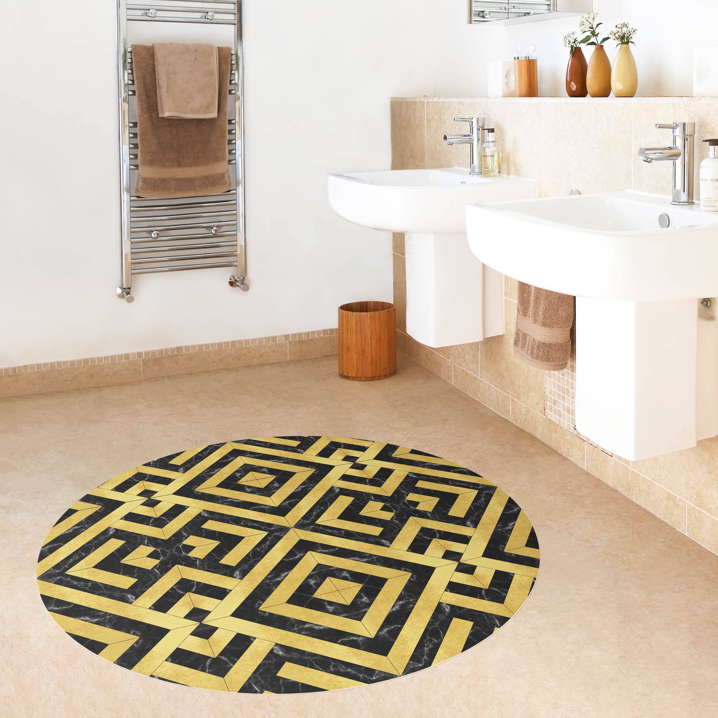 Runder Vinyl-Teppich Geometrischer Fliesenmix Art Deco Gold Schwarzer Marmor