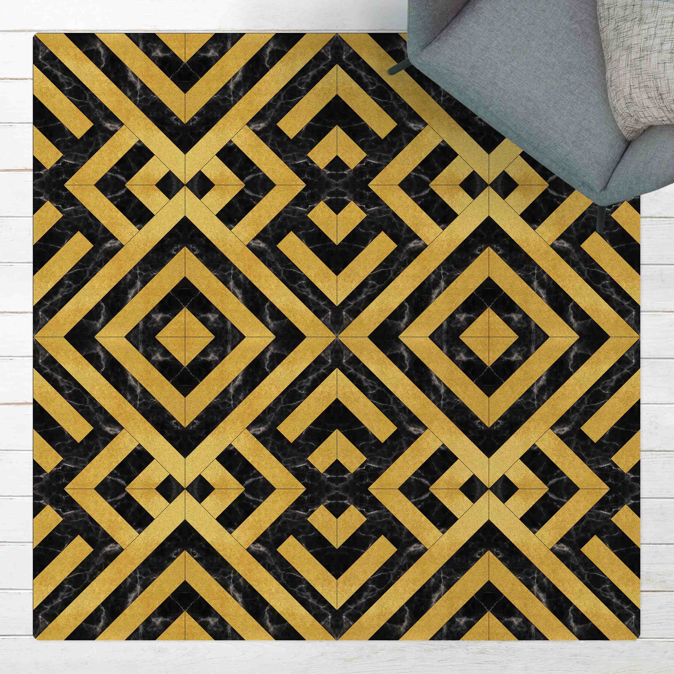 Kork-Teppich Geometrischer Fliesenmix Art Deco Gold Schwarzer Marmor