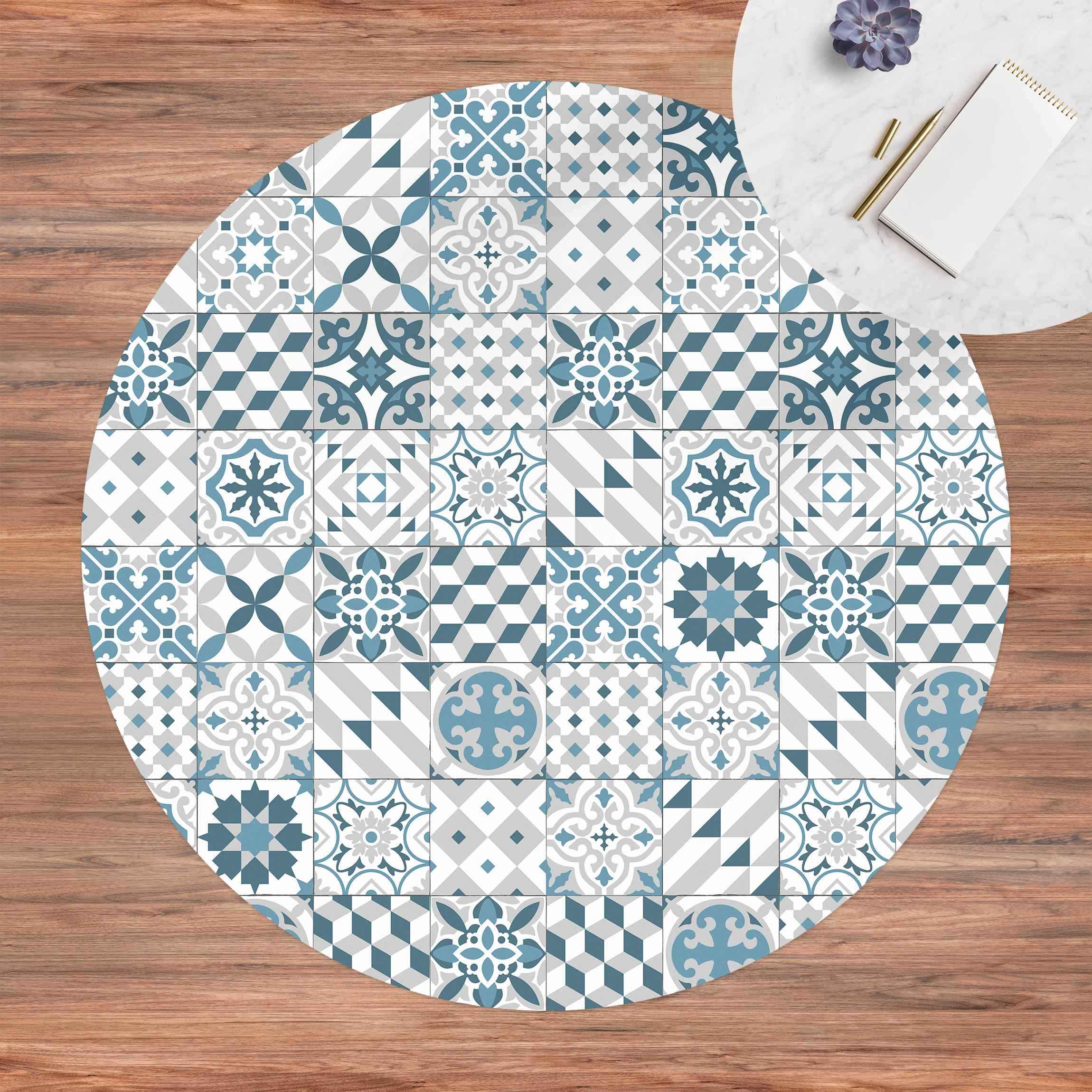 Runder Vinyl-Teppich Geometrischer Fliesenmix Blaugrau