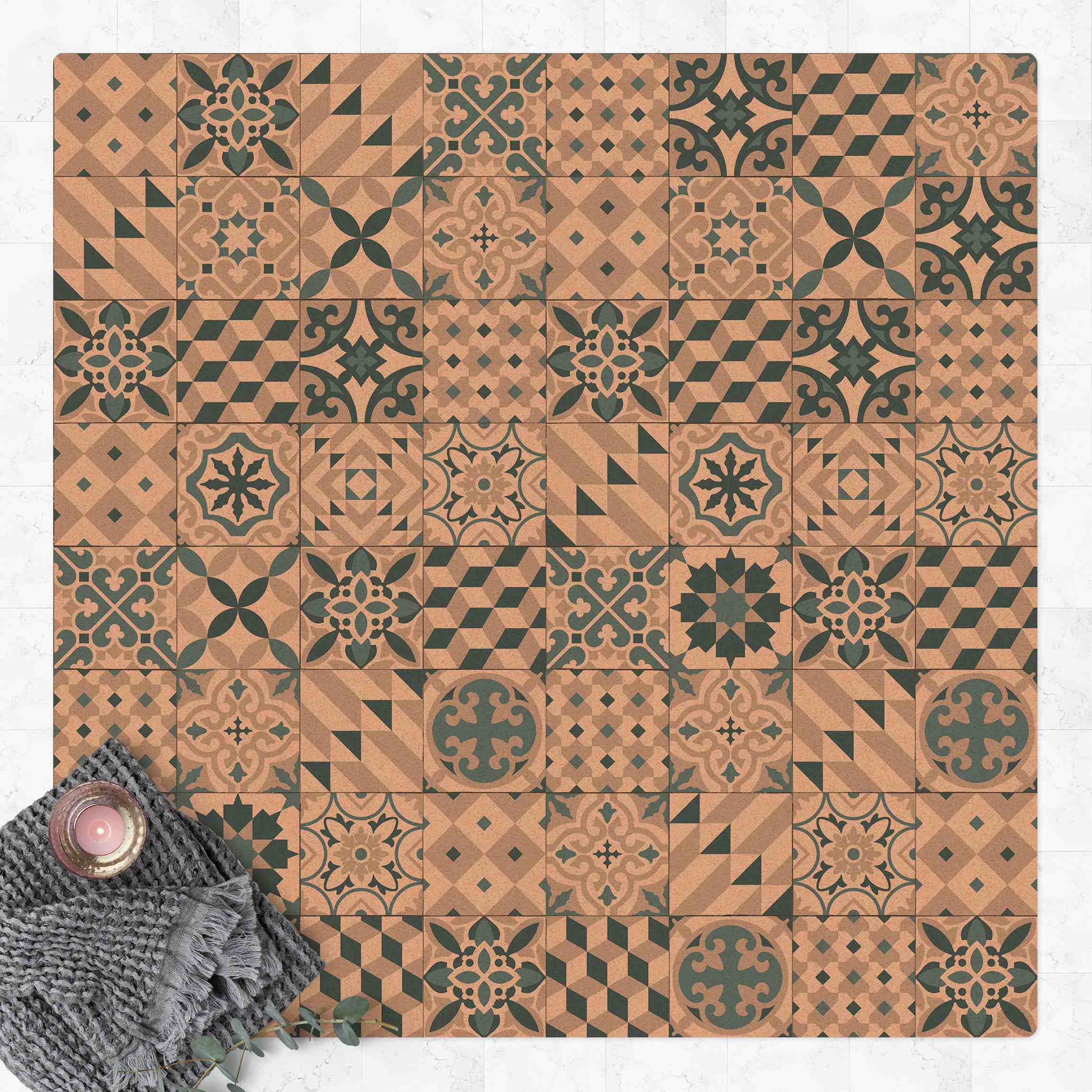 Kork-Teppich Geometrischer Fliesenmix Blaugrau