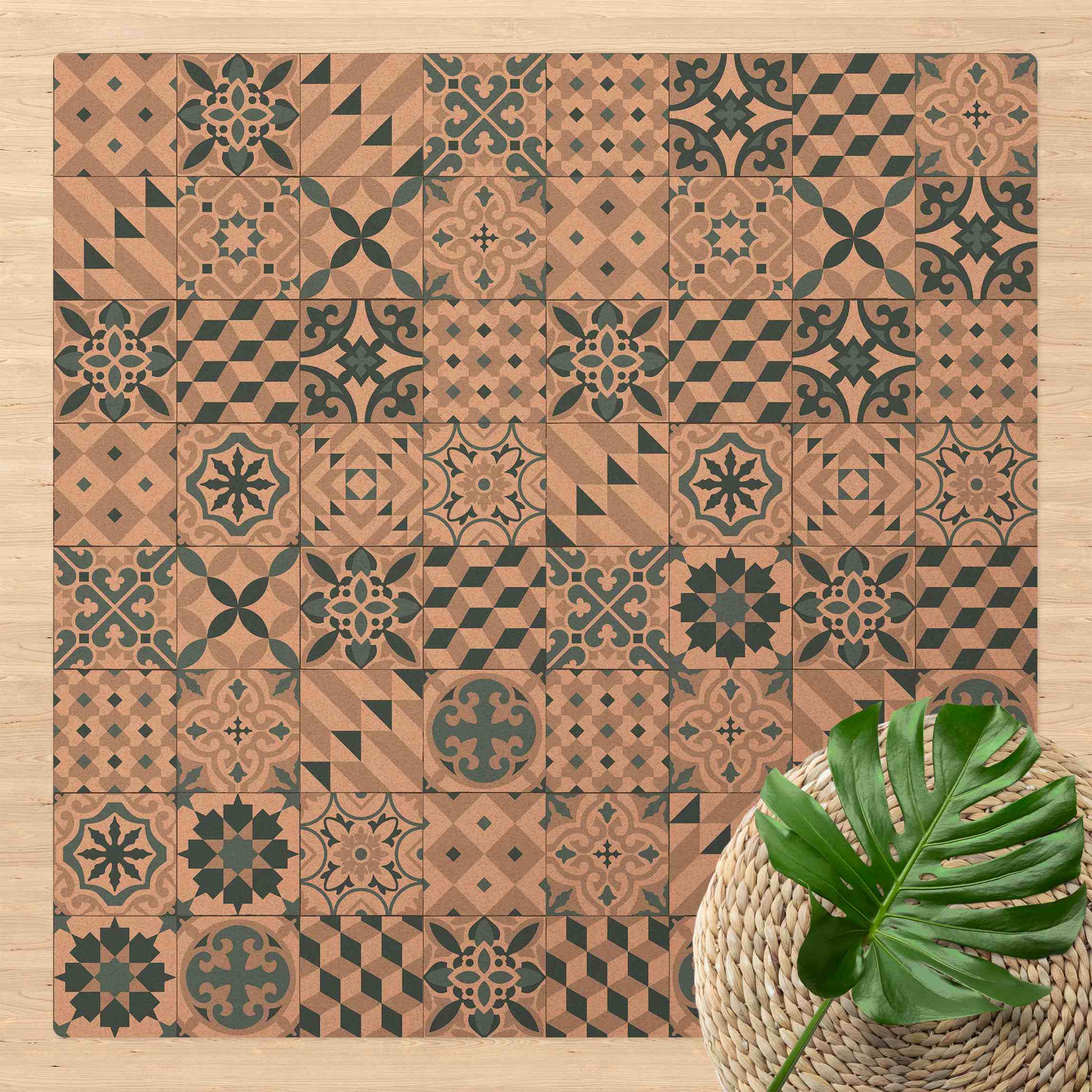 Kork-Teppich Geometrischer Fliesenmix Blaugrau