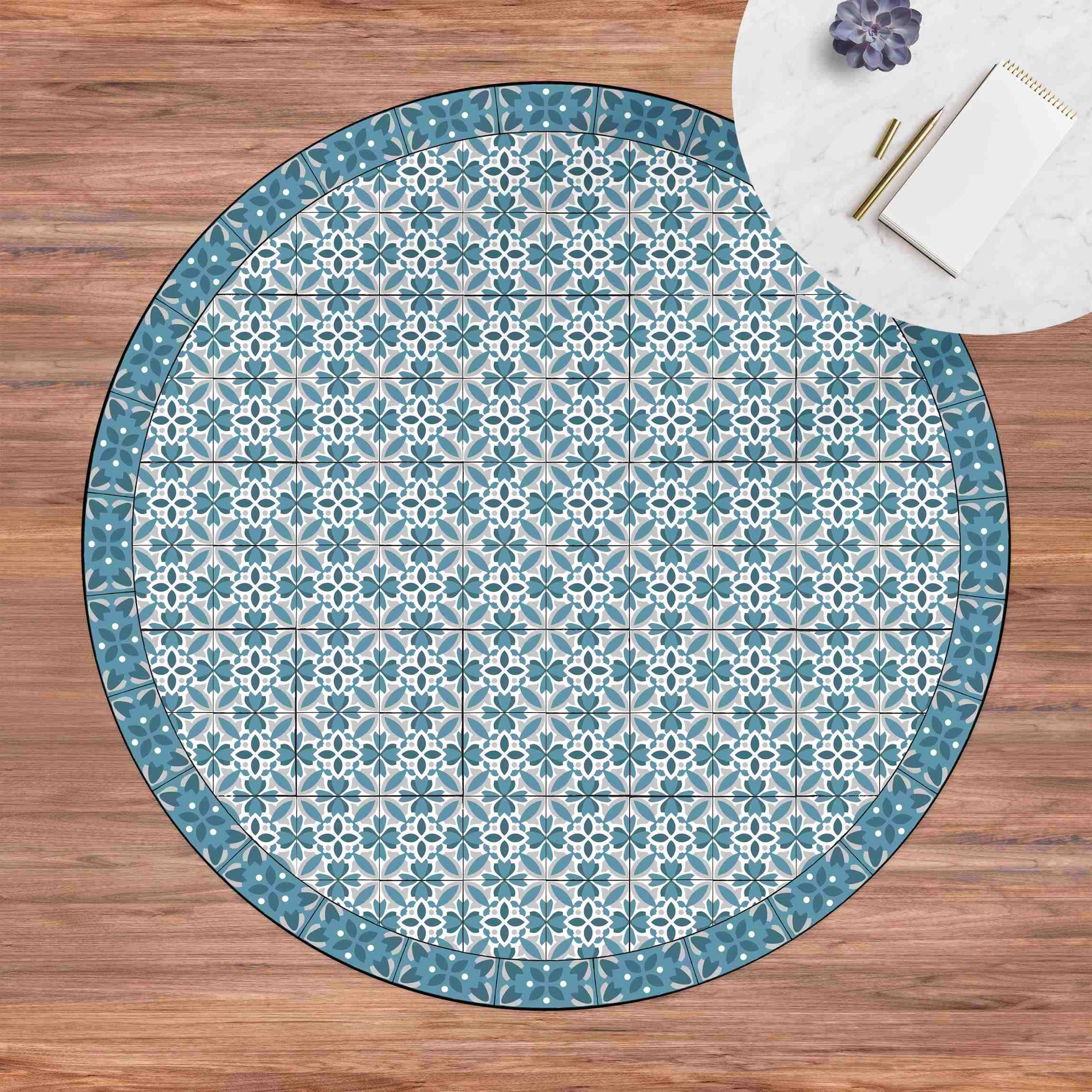 Runder Vinyl-Teppich Geometrischer Fliesenmix Blüte Blaugrau